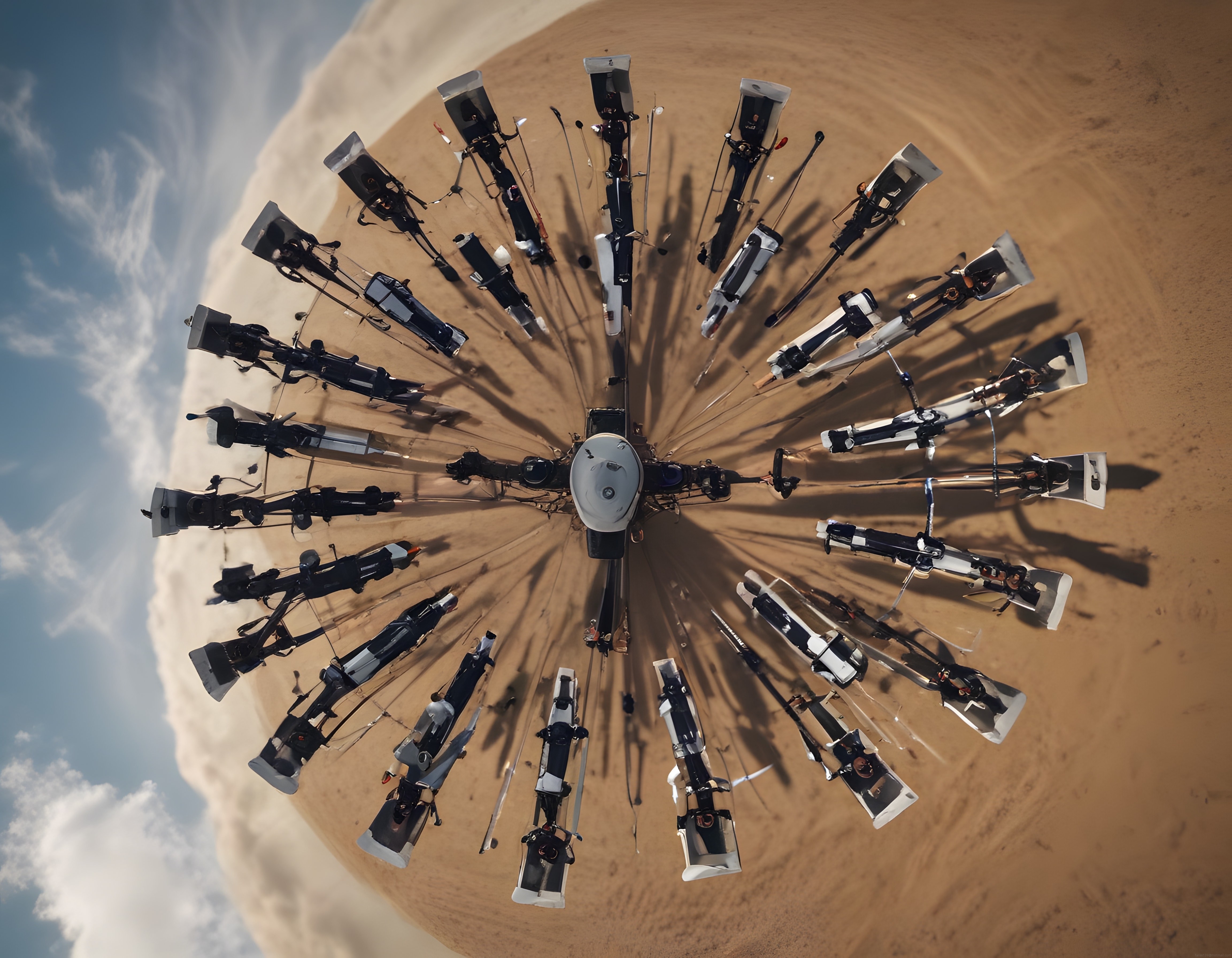 Plajda yelkenli kum arabalarının küresel panoramik kuş bakışı görüntüsü