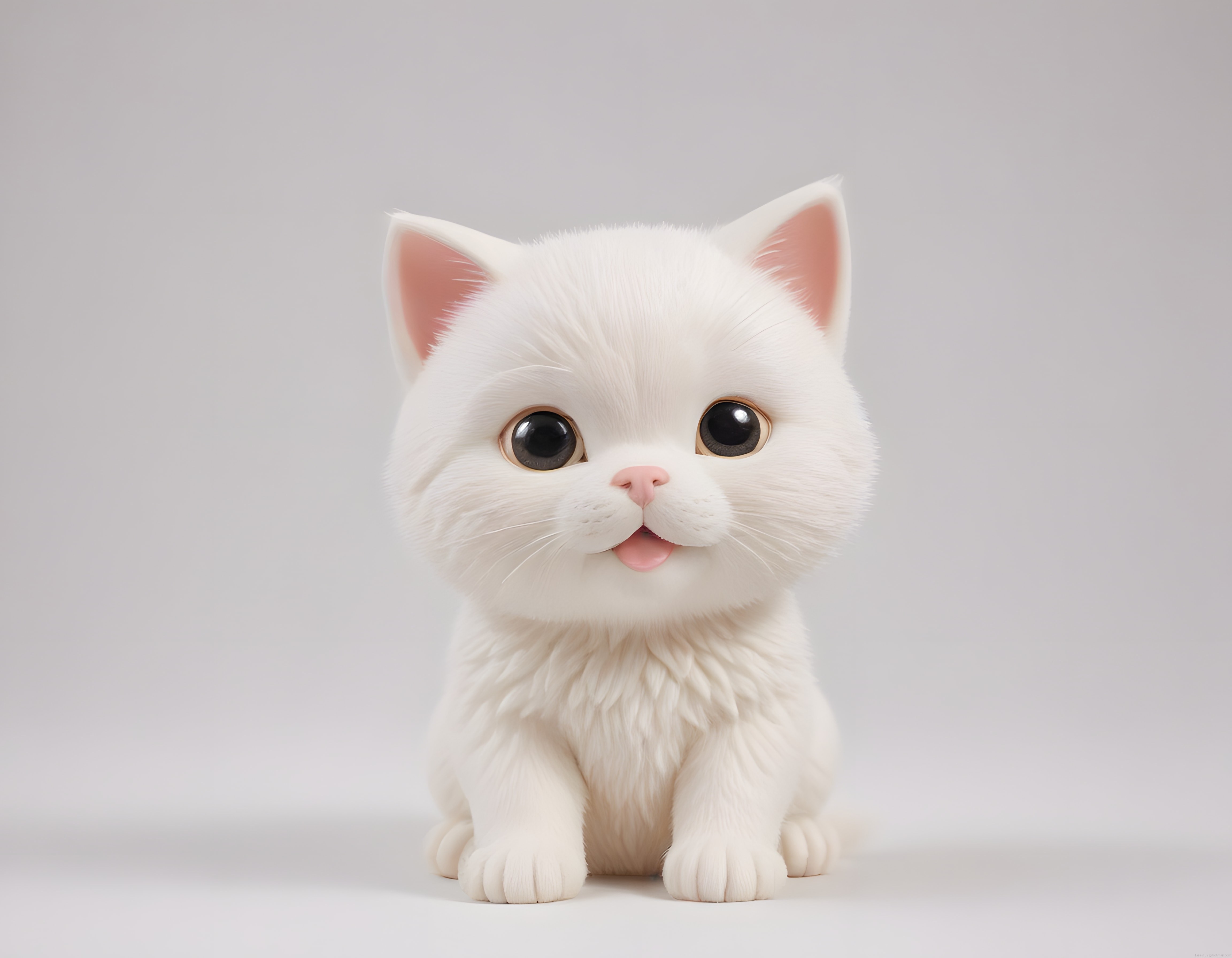 Pofuduk Beyaz 3D Kedi Yavrusu Büyük Gözlü Sevimli Dijital Karakter Tasarımı