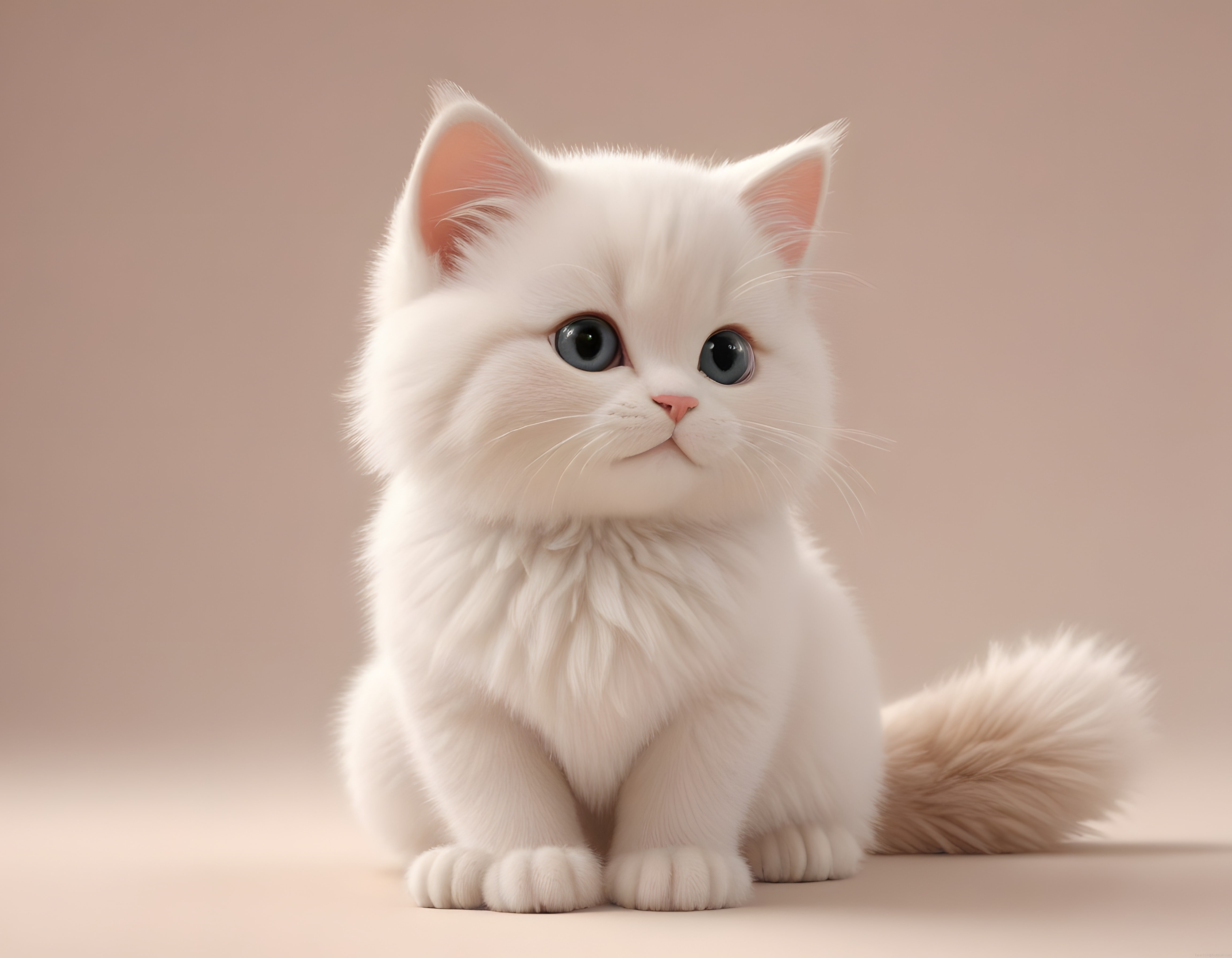 Pofuduk beyaz kedi yavrusu portresi: Masum mavi gözler ve sıcak bej tonları