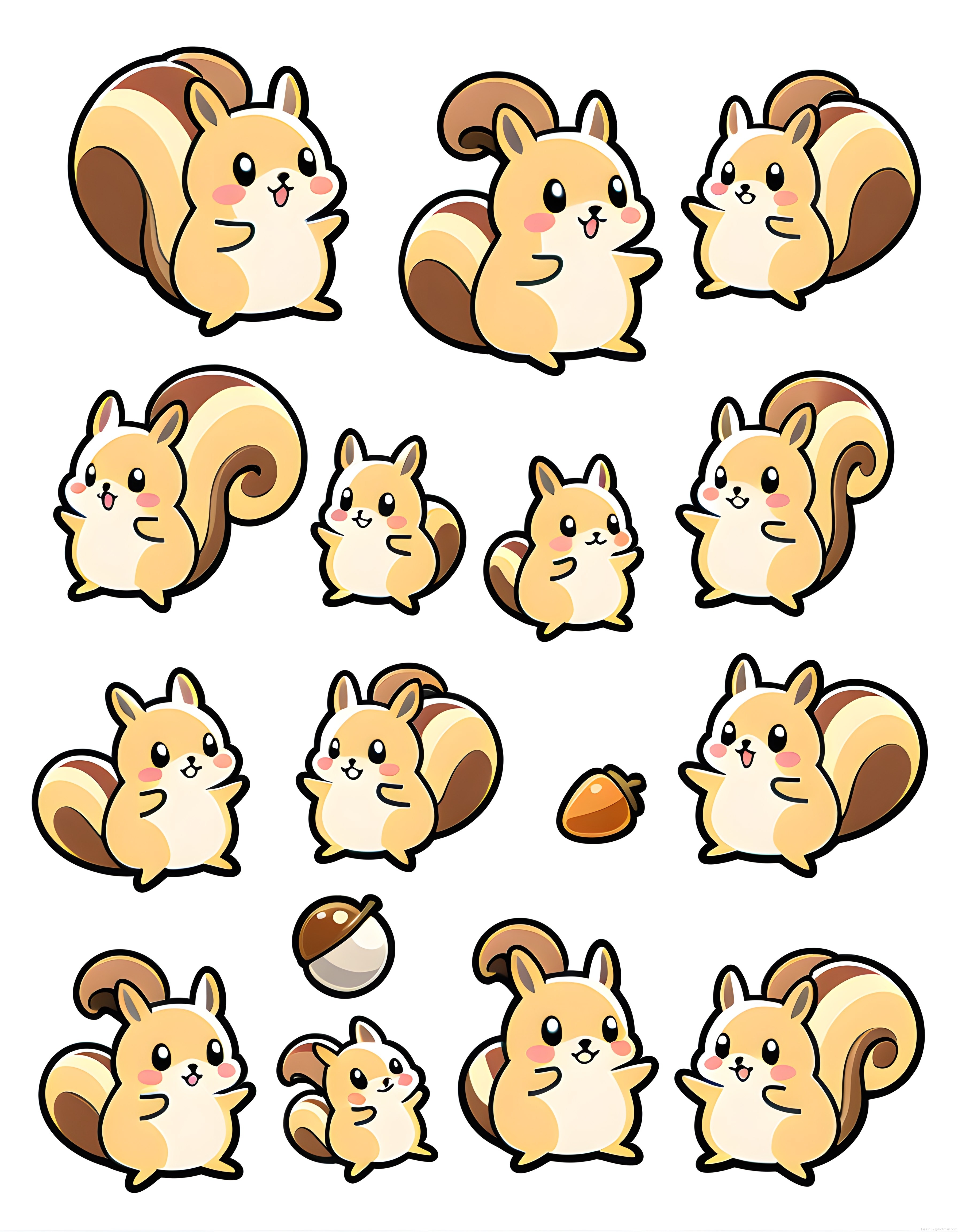 Pofuduk kawaii sincap karakterleri ve meşe palamutları sevimli sticker seti
