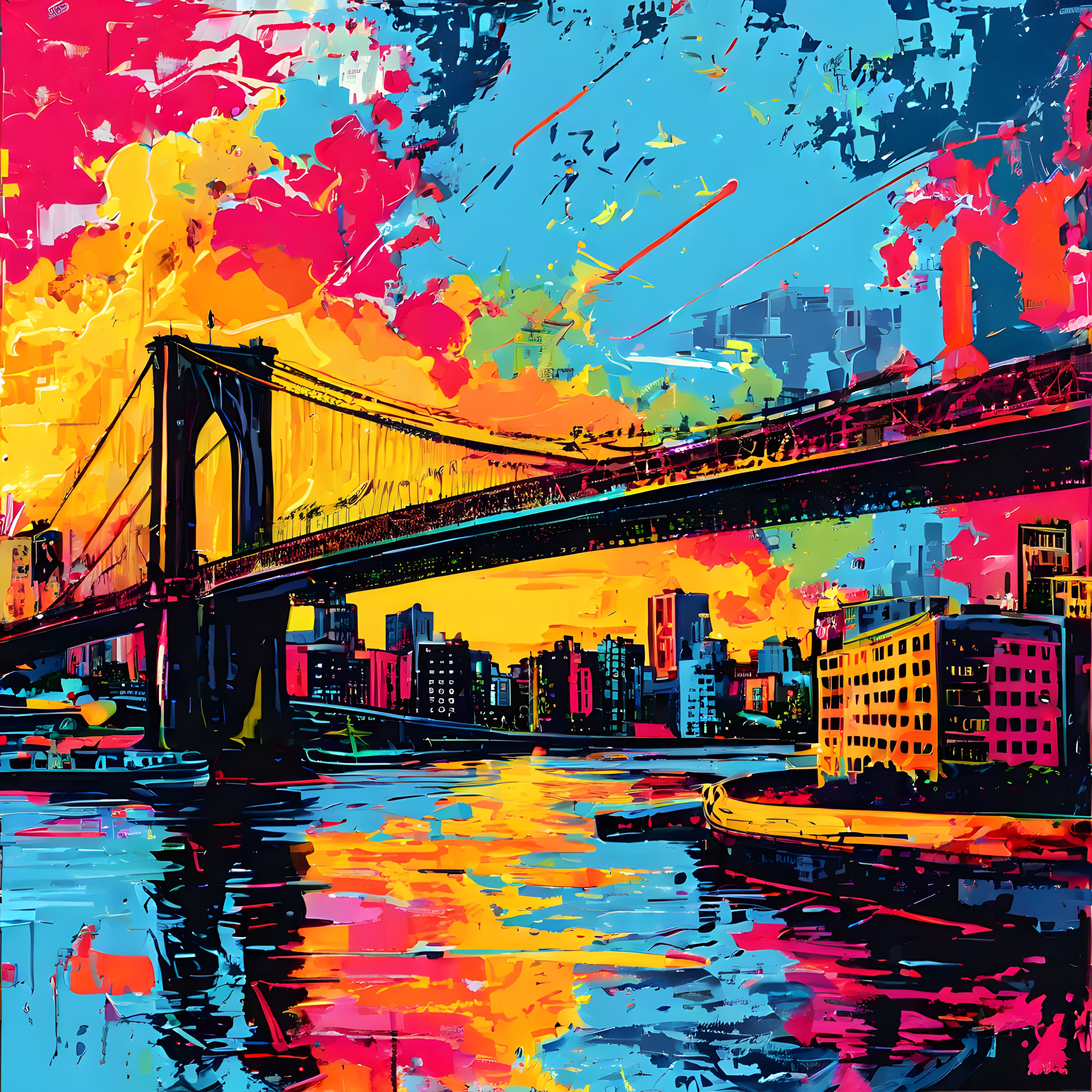 Pop Art Dokulu Brooklyn Köprüsü ve Manhattan Silueti Renkli Dijital Tablo
