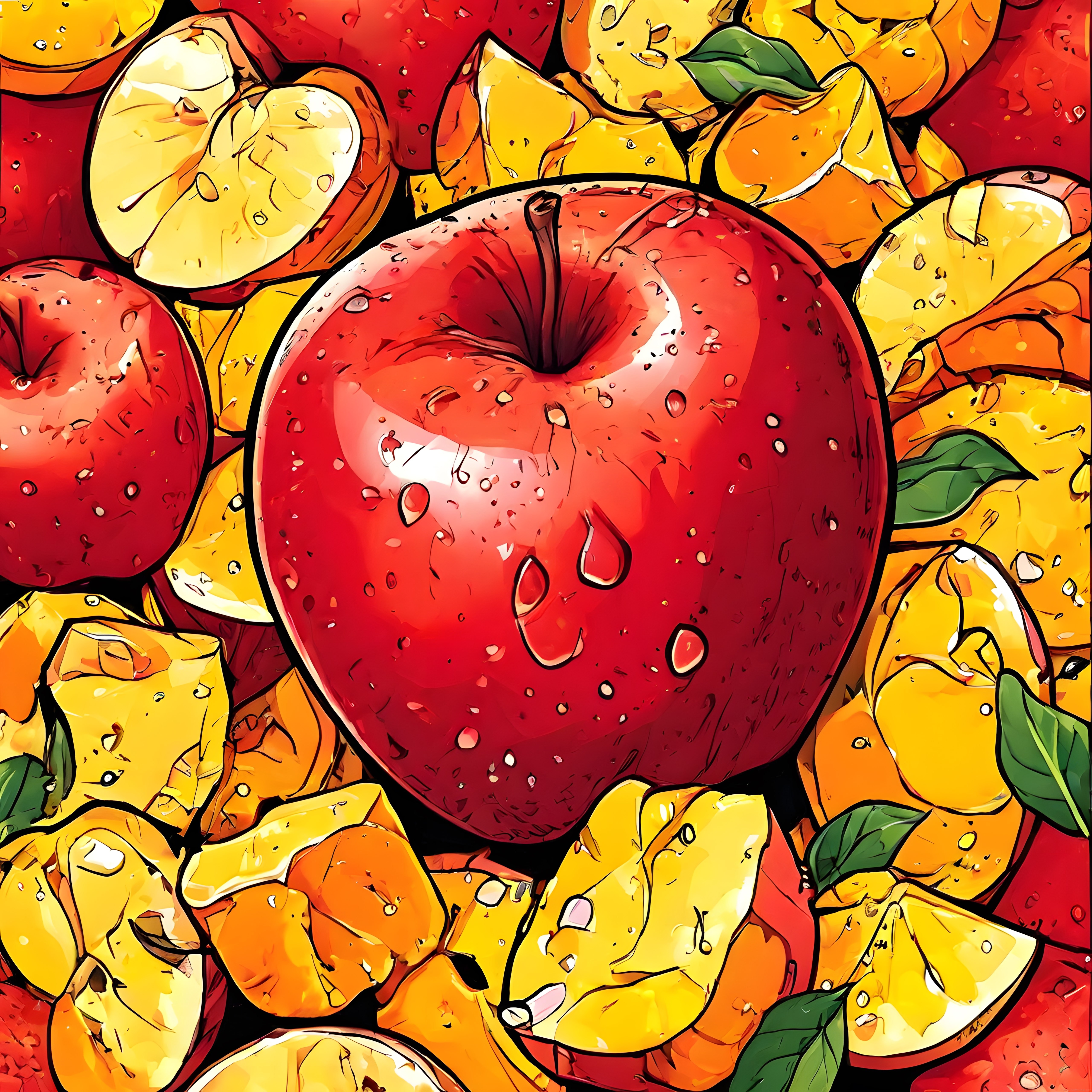Pop Art Stilde Elma ve Mango Dilimleri: Canlı Renkler ve Sulu Meyve İllüstrasyonu