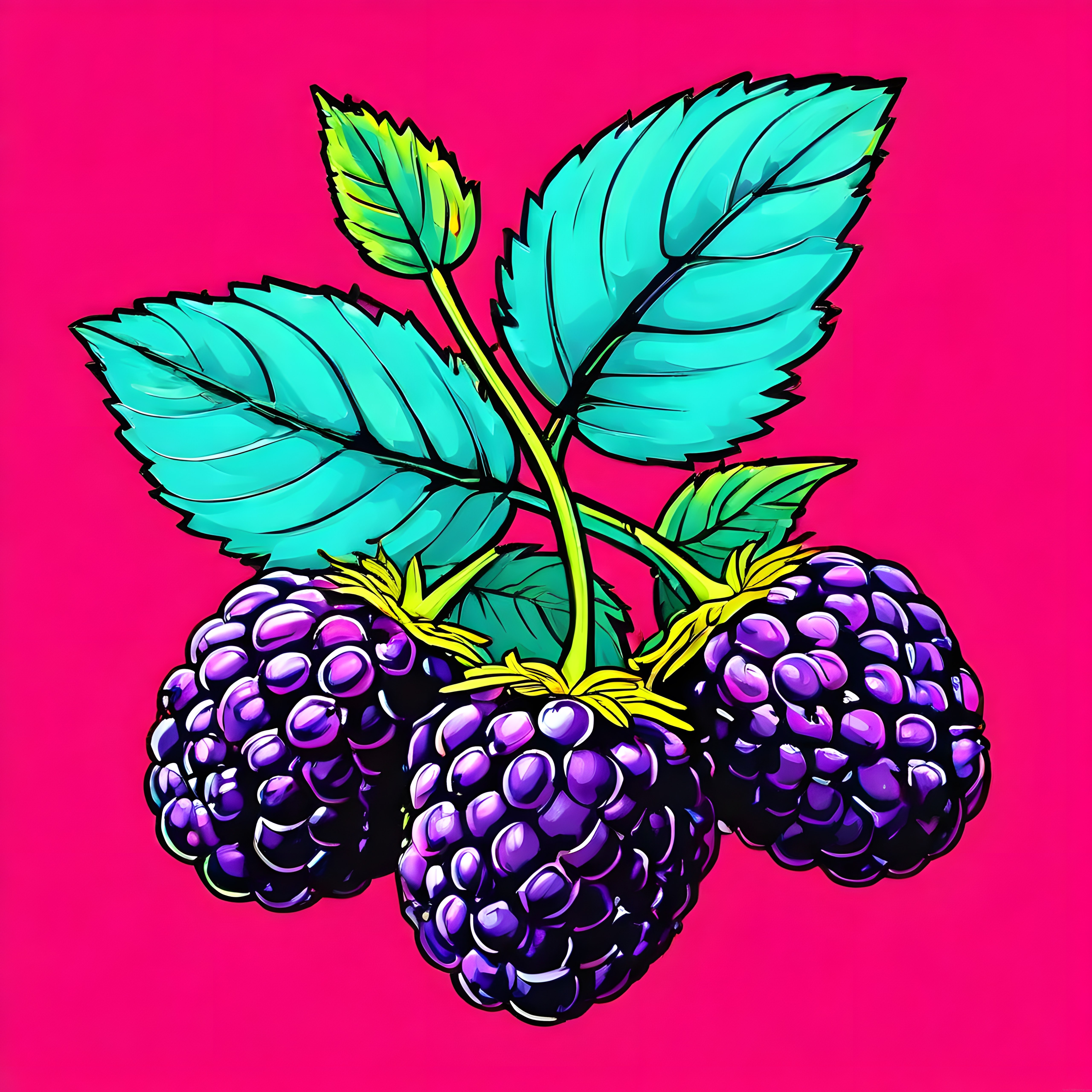 Pop Art Tarzında Parlak Pembe Arka Planda Üç Böğürtlen İllüstrasyonu