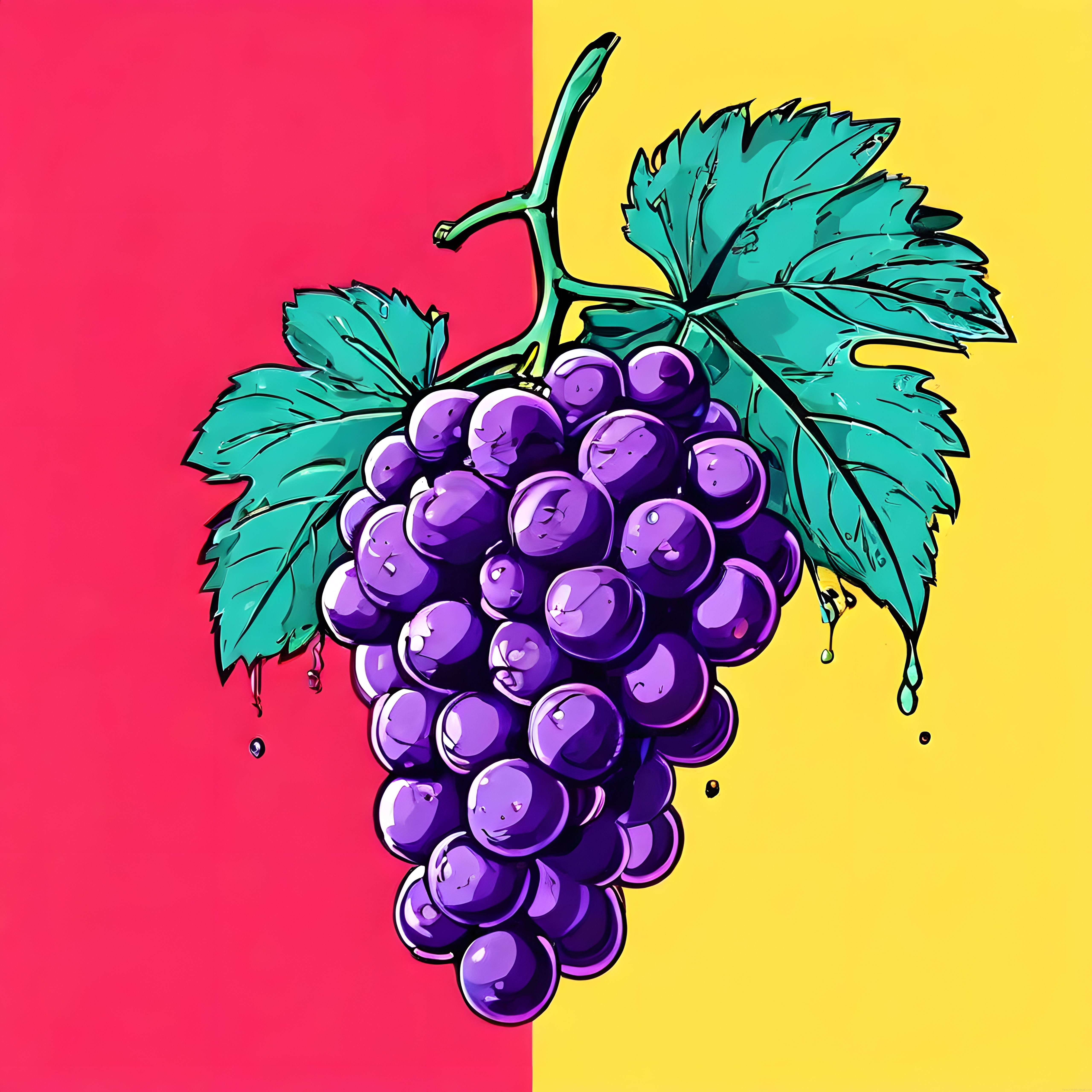 Pop Art Tarzında Parlak Renkli Arka Plan Üzerinde Mor Üzüm Salkımı İllüstrasyonu