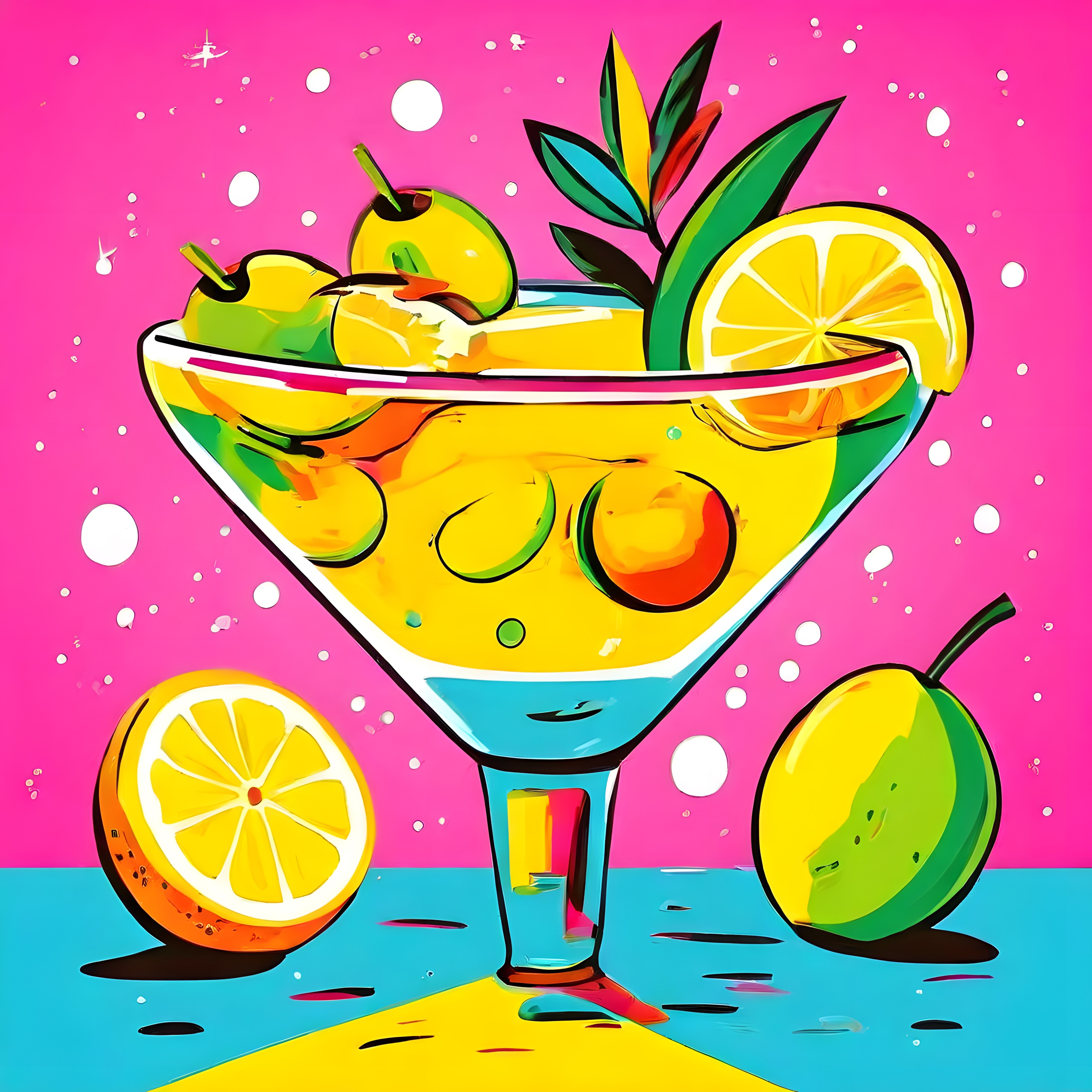 pop art tarzında tropikal kokteyl ve limon süslemeli içecek illüstrasyonu
