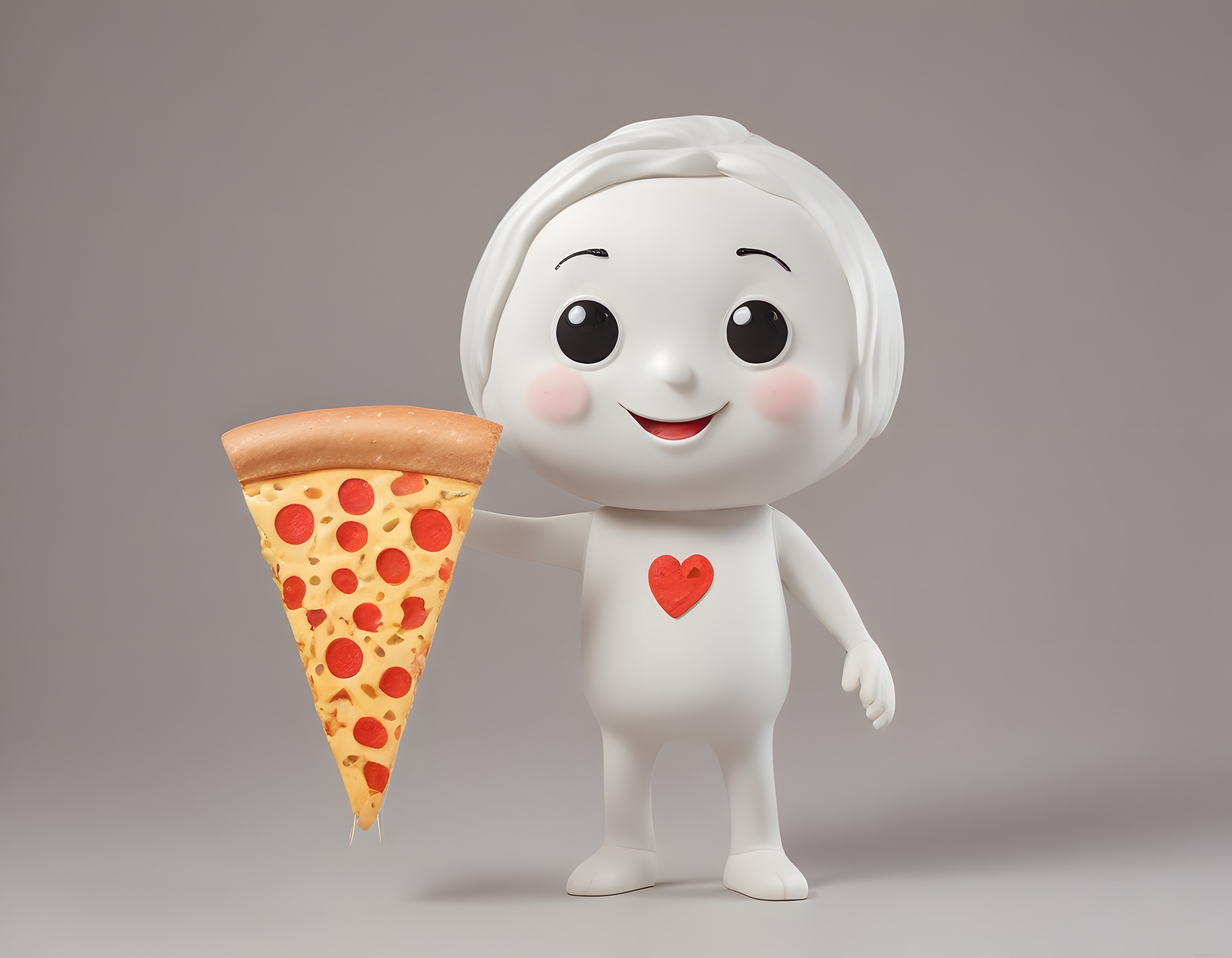 Porselen dokulu sevimli 3D karakter elinde dev pepperoni pizza tutuyor