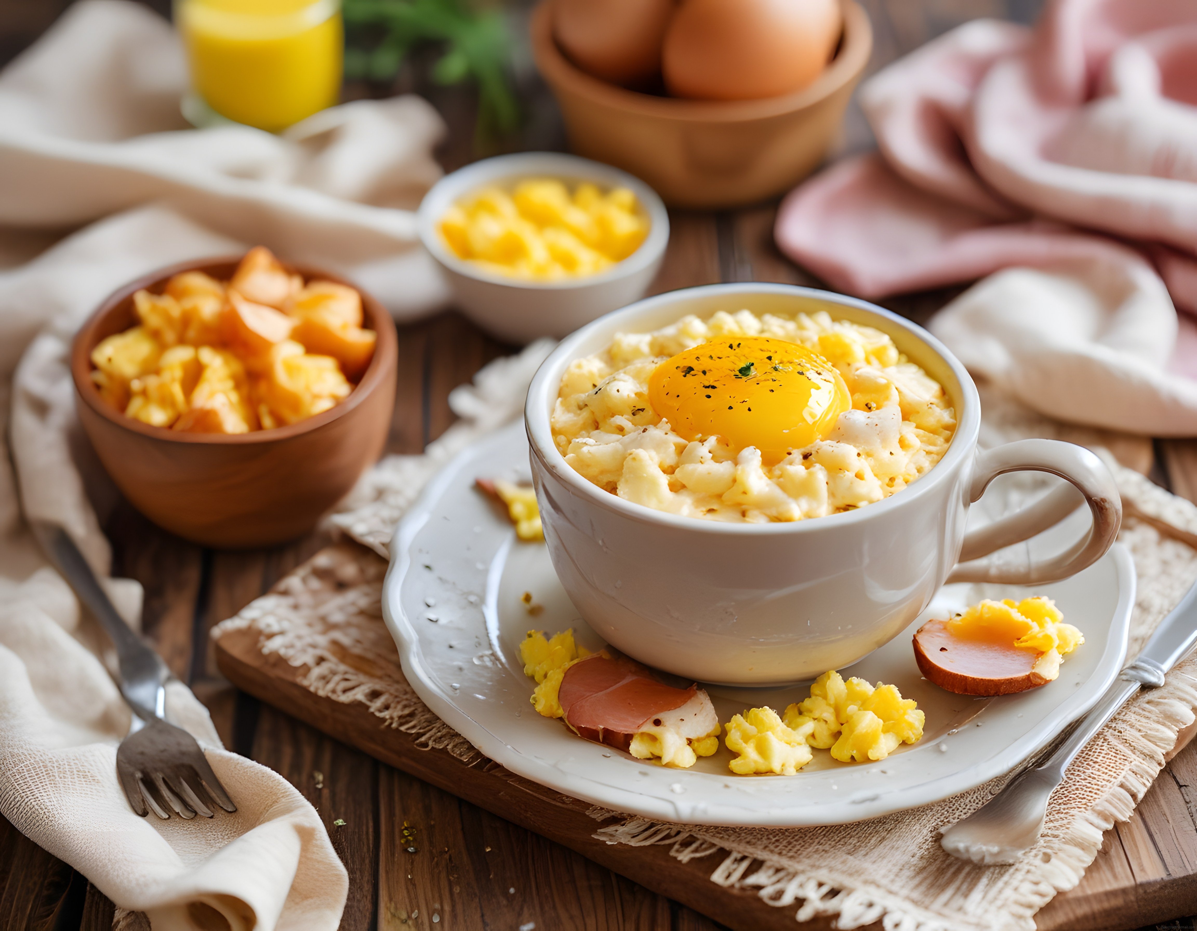 Porselen Kupta Yumurtalı Nefis Bir Kahvaltı Sunumu ve Yan Lezzetler