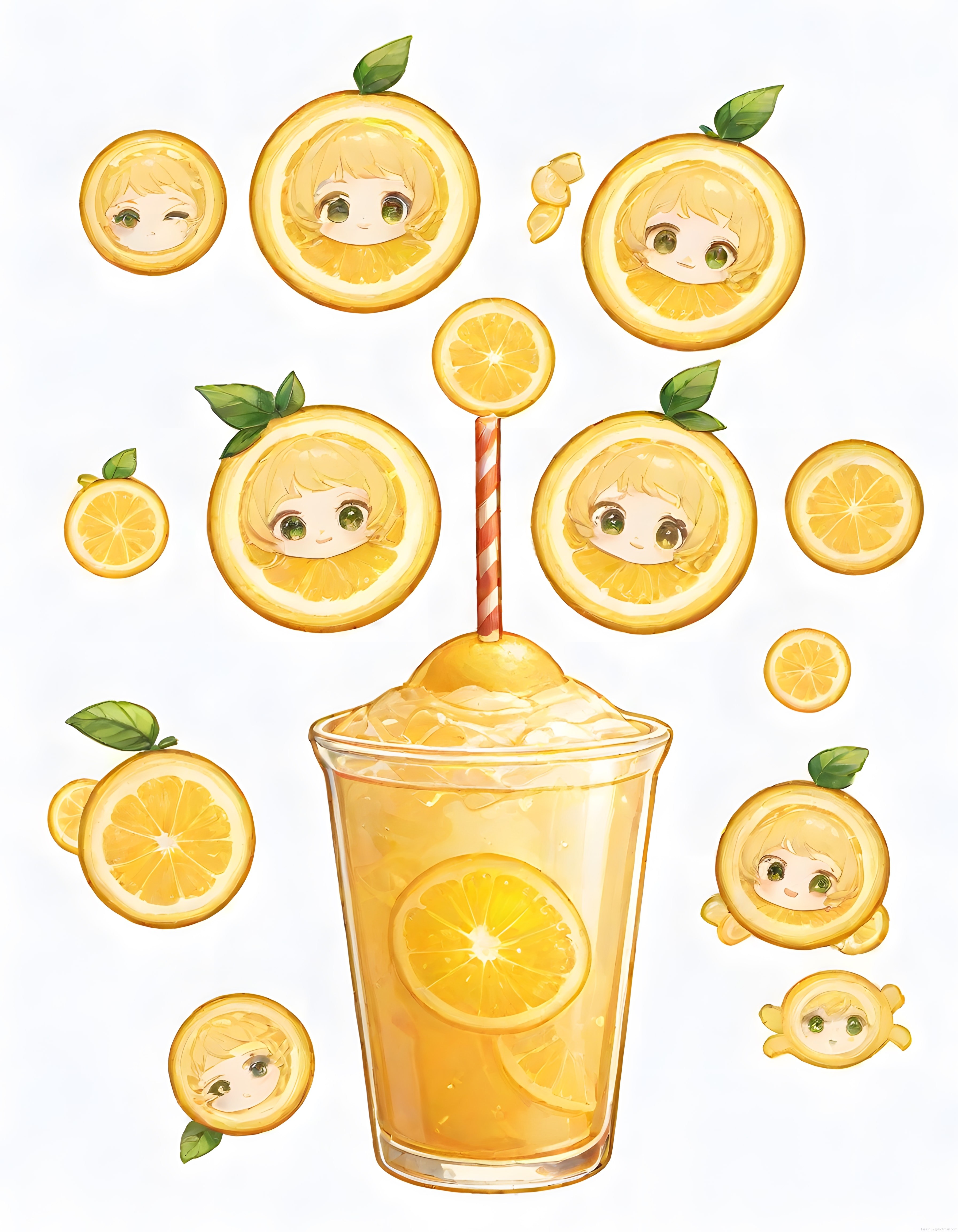 Portakal Dilimlerinde Sevimli Anime Karakterleri ve Serinletici Smoothie Bardağı