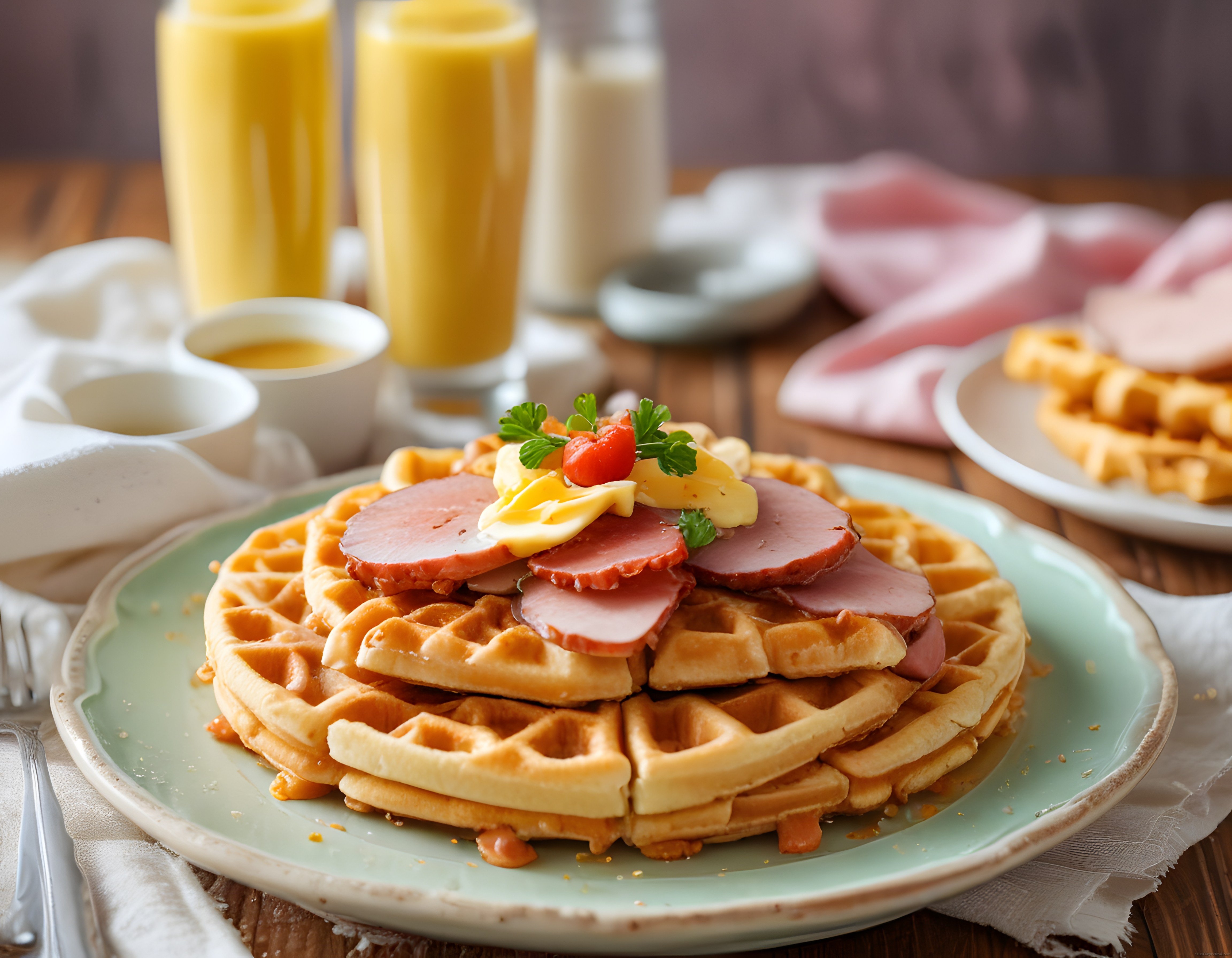 Portakal Suyu Eşliğinde Waffle ve Salamla Hazırlanmış Sıcacık Kahvaltı Masası