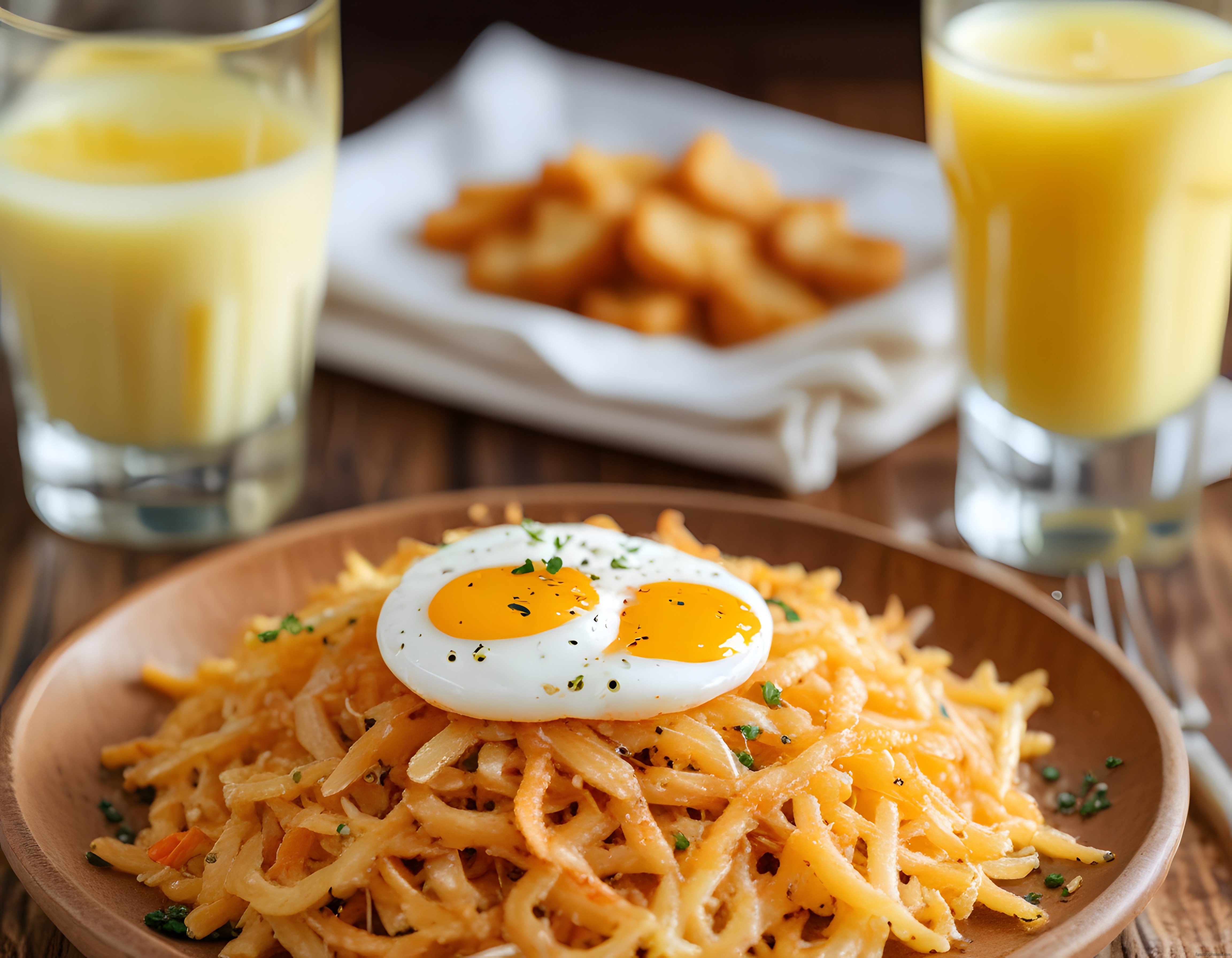 Portakal Suyu Eşliğinde Yumurtalı Kızarmış Patates Kahvaltı Tabağı