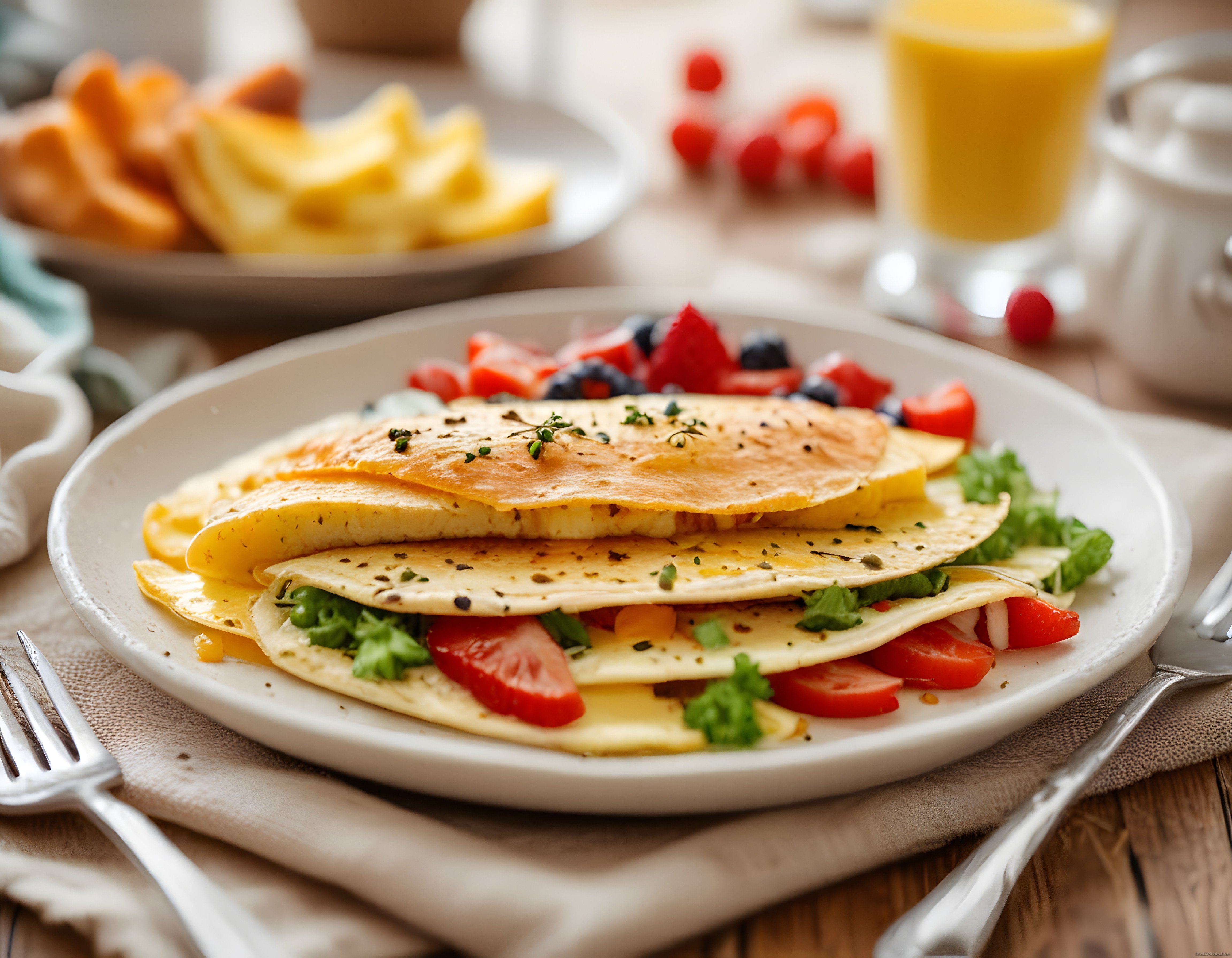 Portakal Suyu ve Taze Meyveler Eşliğinde Besleyici Omlet Kahvaltı Tabağı