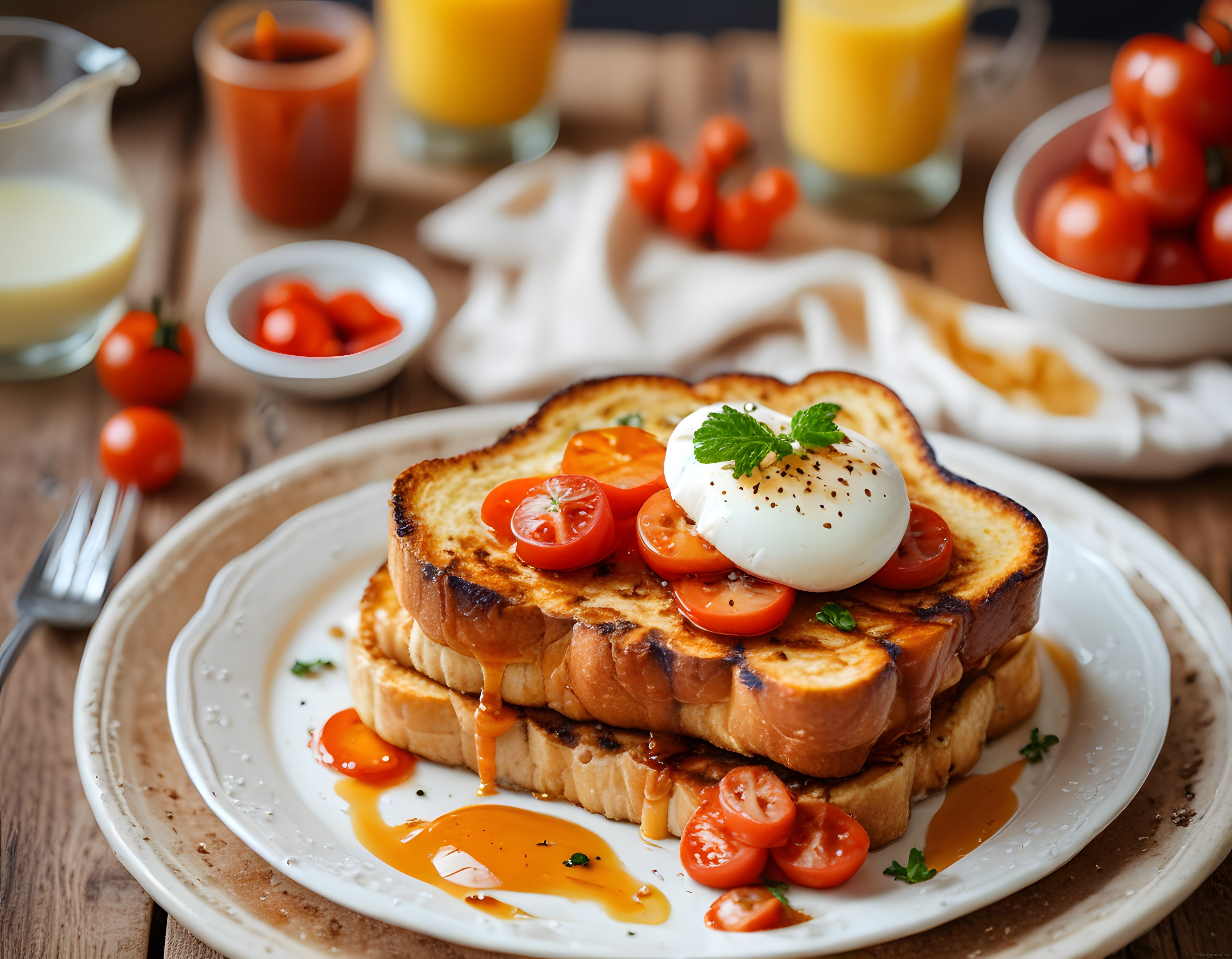 Poşe Yumurtalı ve Domatesli French Toast ile Sıcak Kahvaltı Tabağı