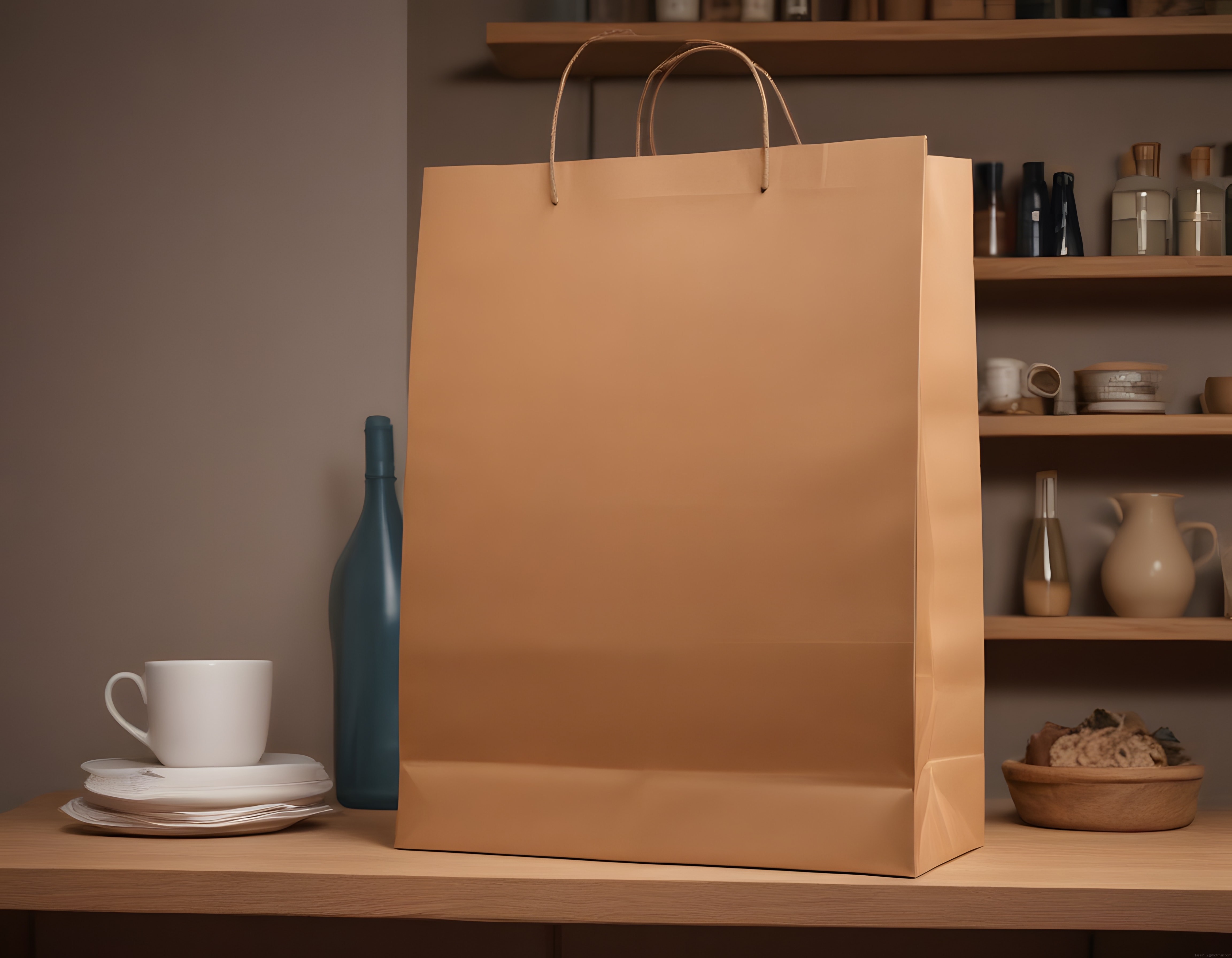 Premium Kraft Kağıt Torba Mockup: Sıcak Mutfak Atmosferinde Eko Ambalaj