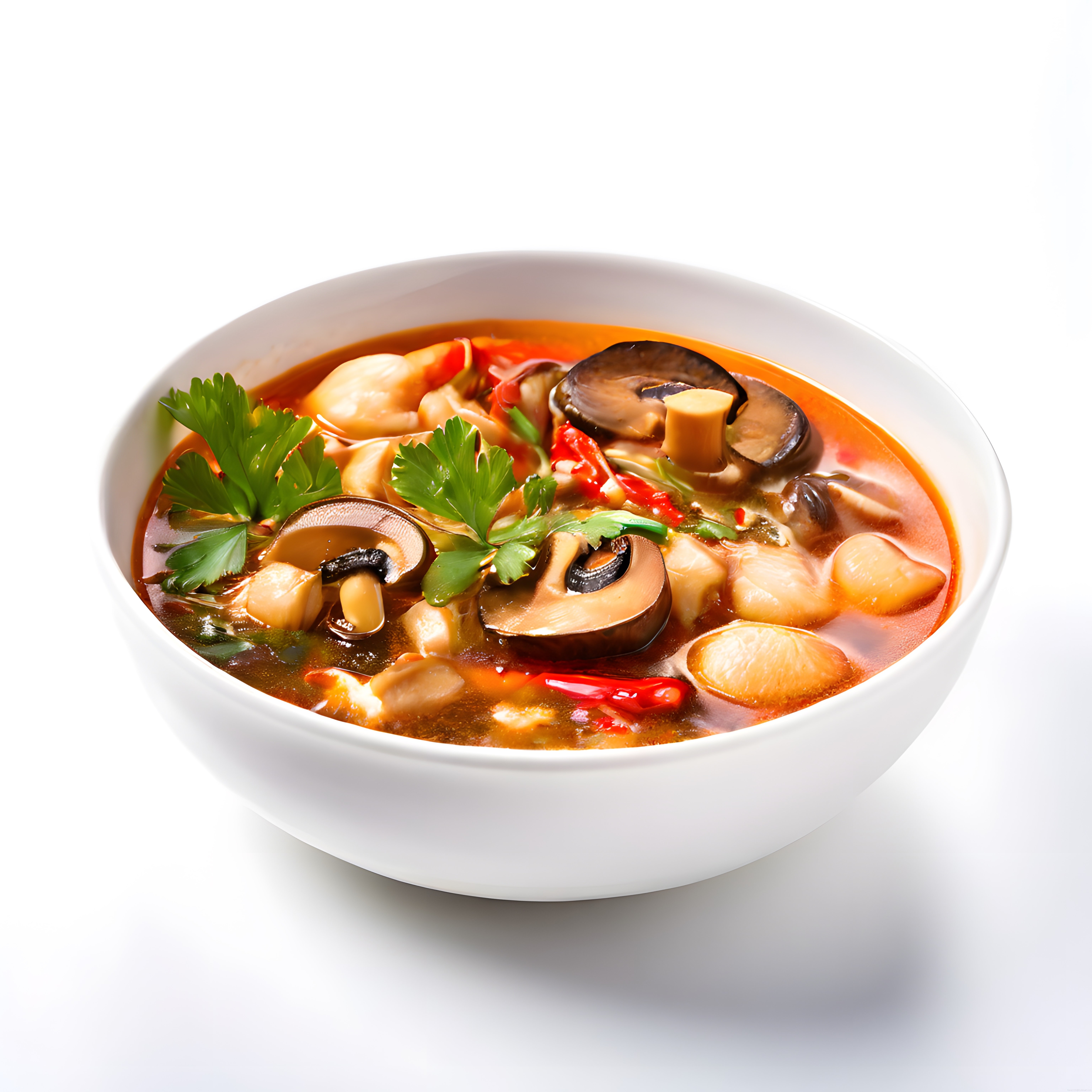 Profesyonel Beyaz Kasede Asya Usulü Mantarlı Acılı Tom Yum Çorbası