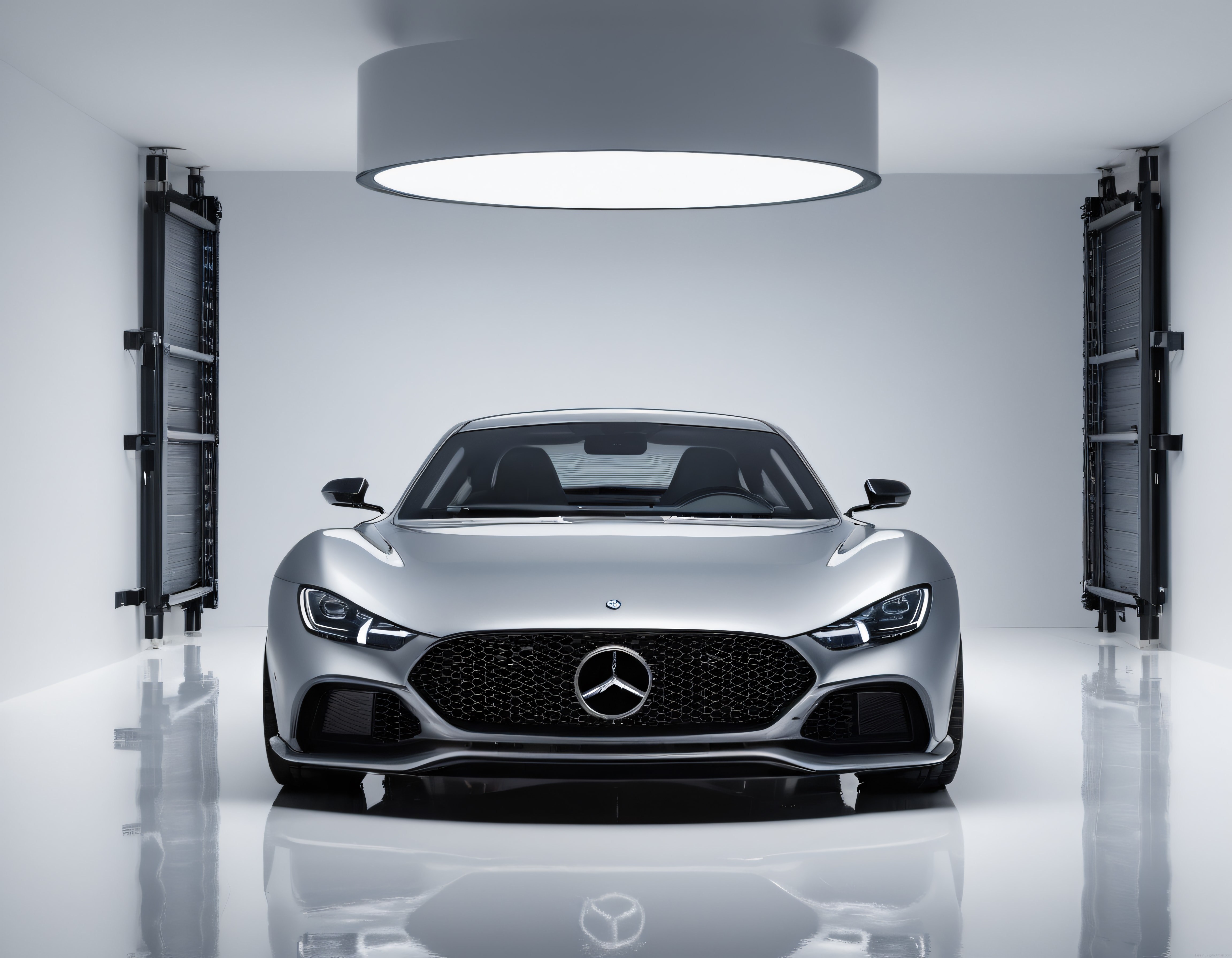 Profesyonel Beyaz Stüdyoda Gümüş Mercedes Spor Otomobil Ön Cephe Çekimi