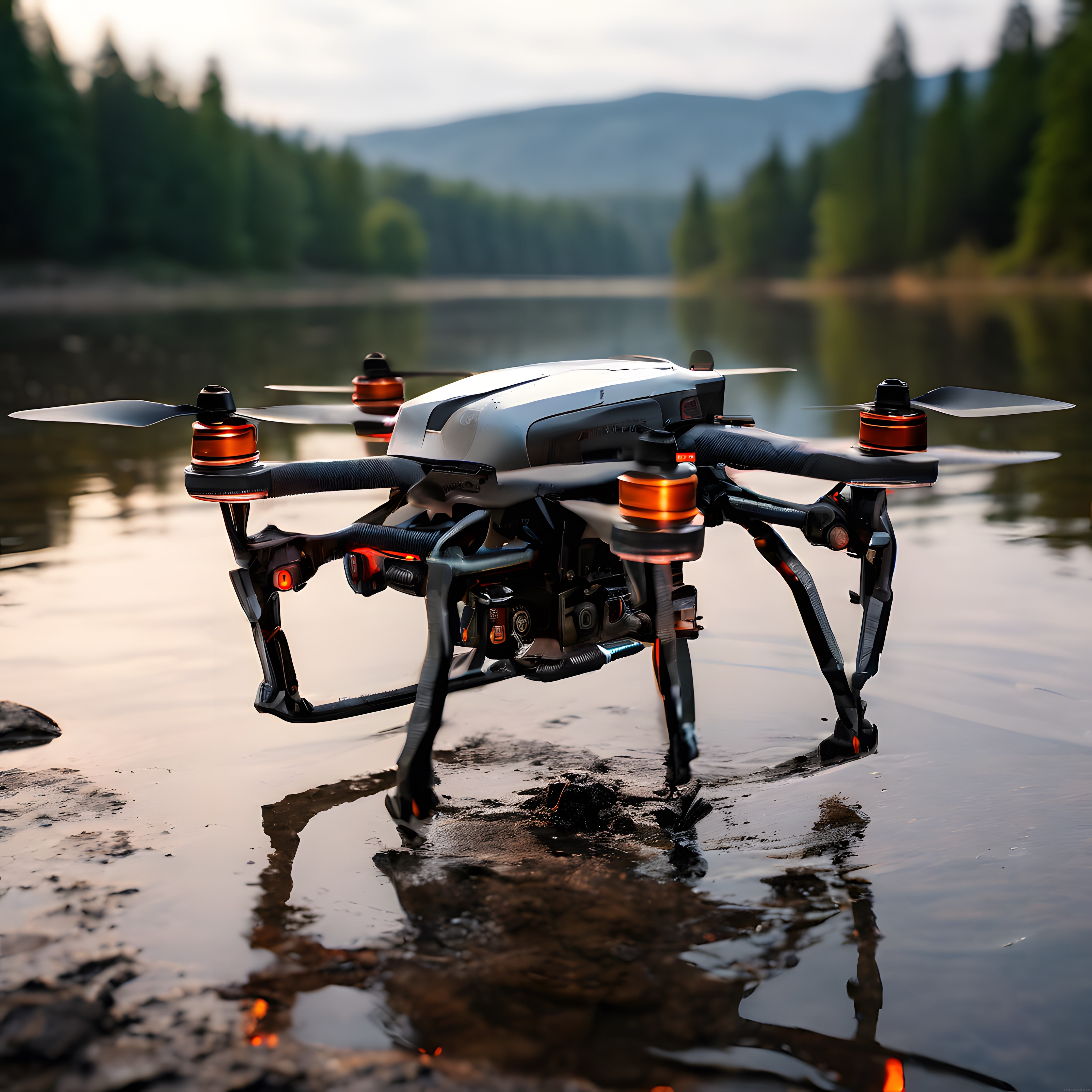 Profesyonel Dronenin Göl Kenarındaki Gün Batımı Manzarasında Uçuş Anı