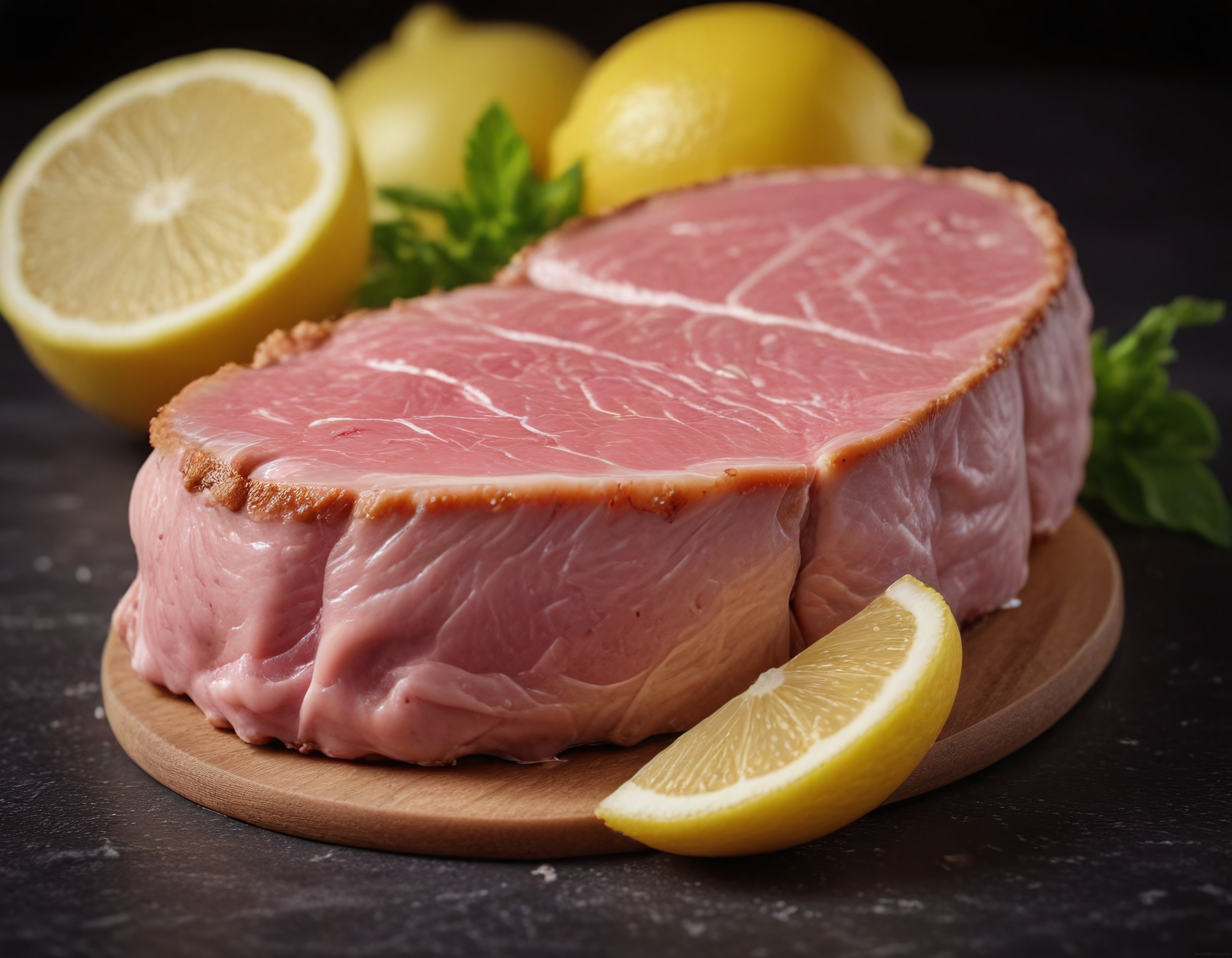 Profesyonel Mutfak Çekiminde Limon ve Nane Süslemeli İri Jambon Dilimi