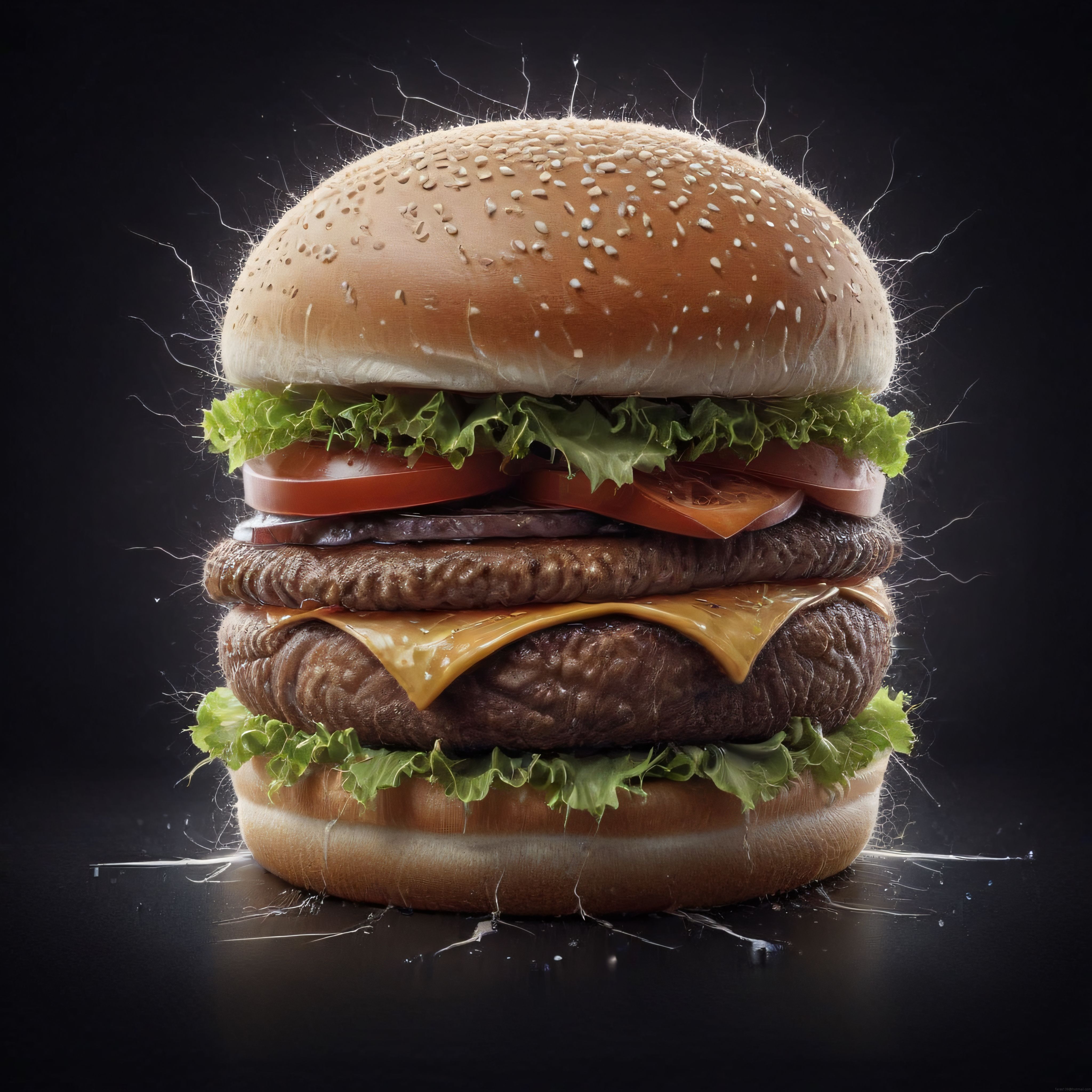 Profesyonel stüdyo çekiminde iştah açıcı çift katlı hamburger ve taze malzemeler