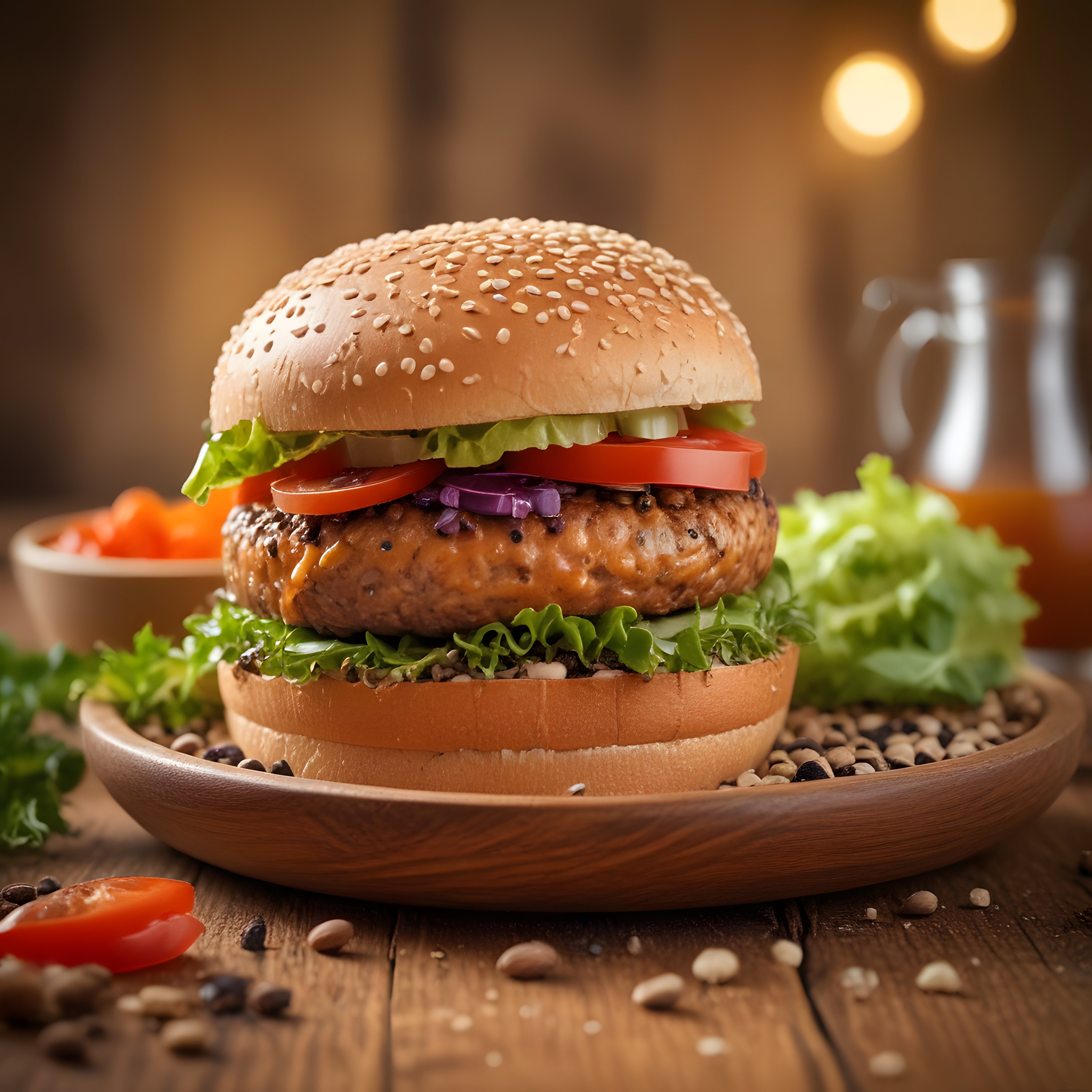 Profesyonel Stüdyo Ortamında Rustik Ahşap Tabakta Lezzetli Vegan Burger Sunumu