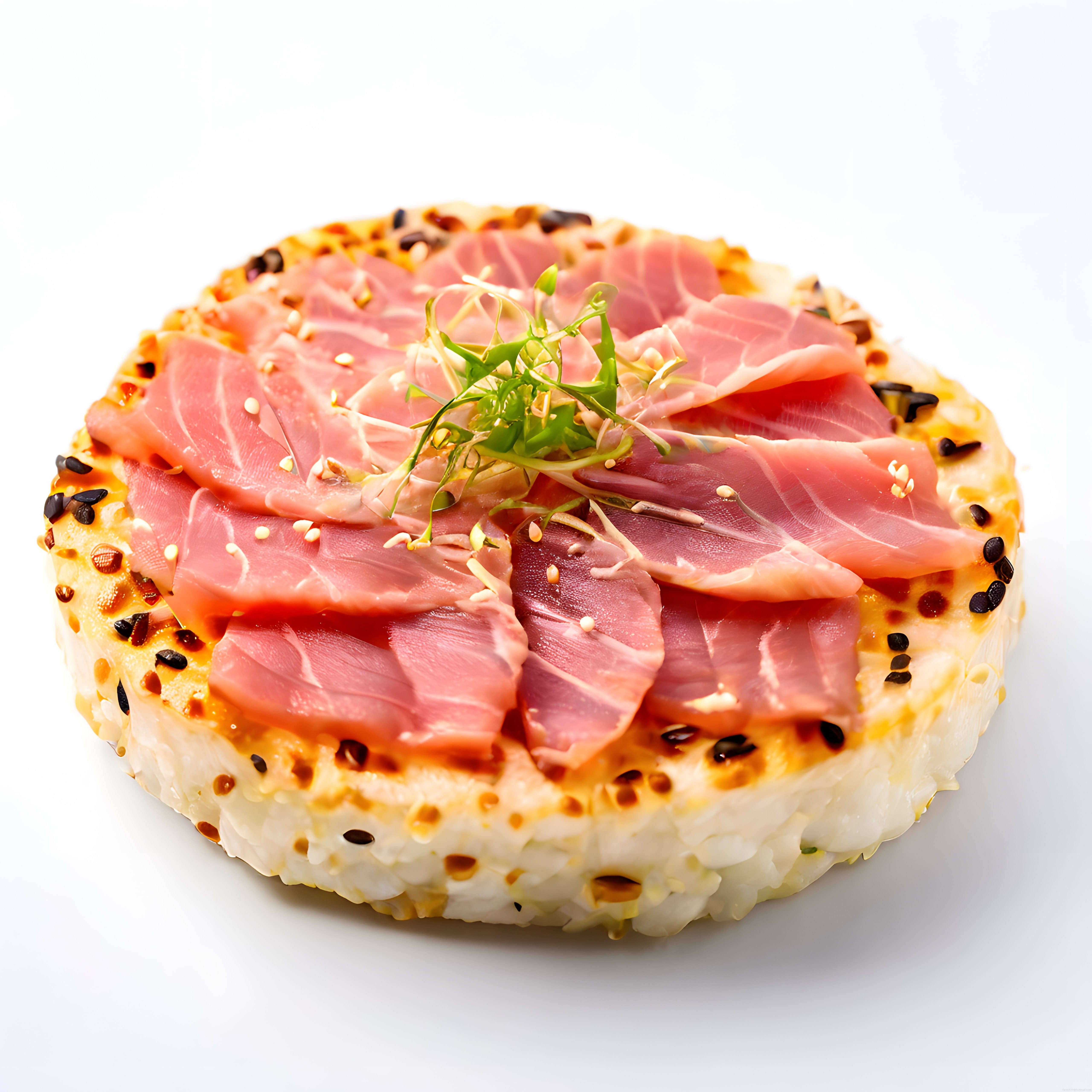 profesyonel sunumlu beyaz arka planda ton balıklı sushi pizza fotoğrafı