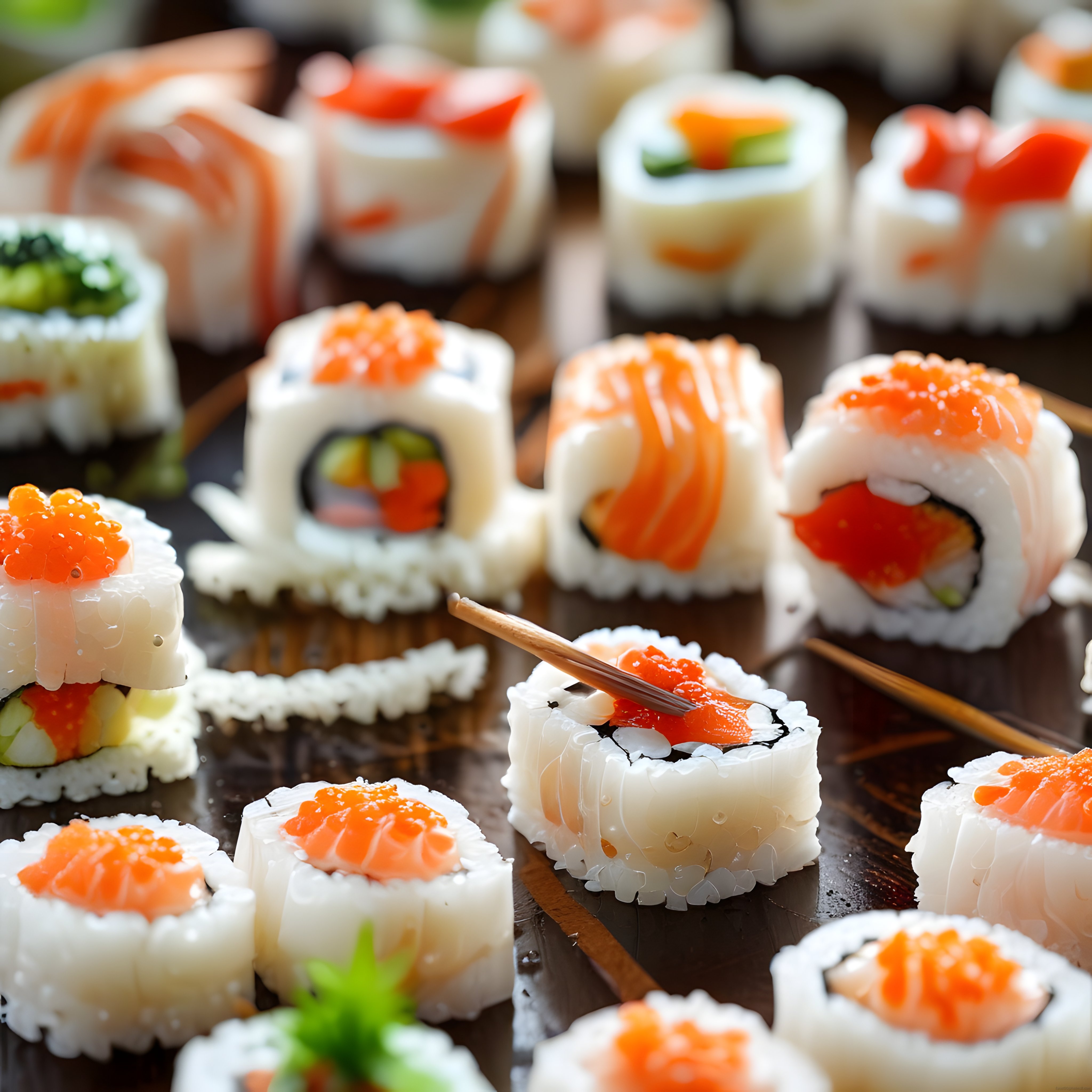 Profesyonel Sushi Sunumu: Somonlu ve Havyarlı Çeşitler Ahşap Tepsi Üzerinde