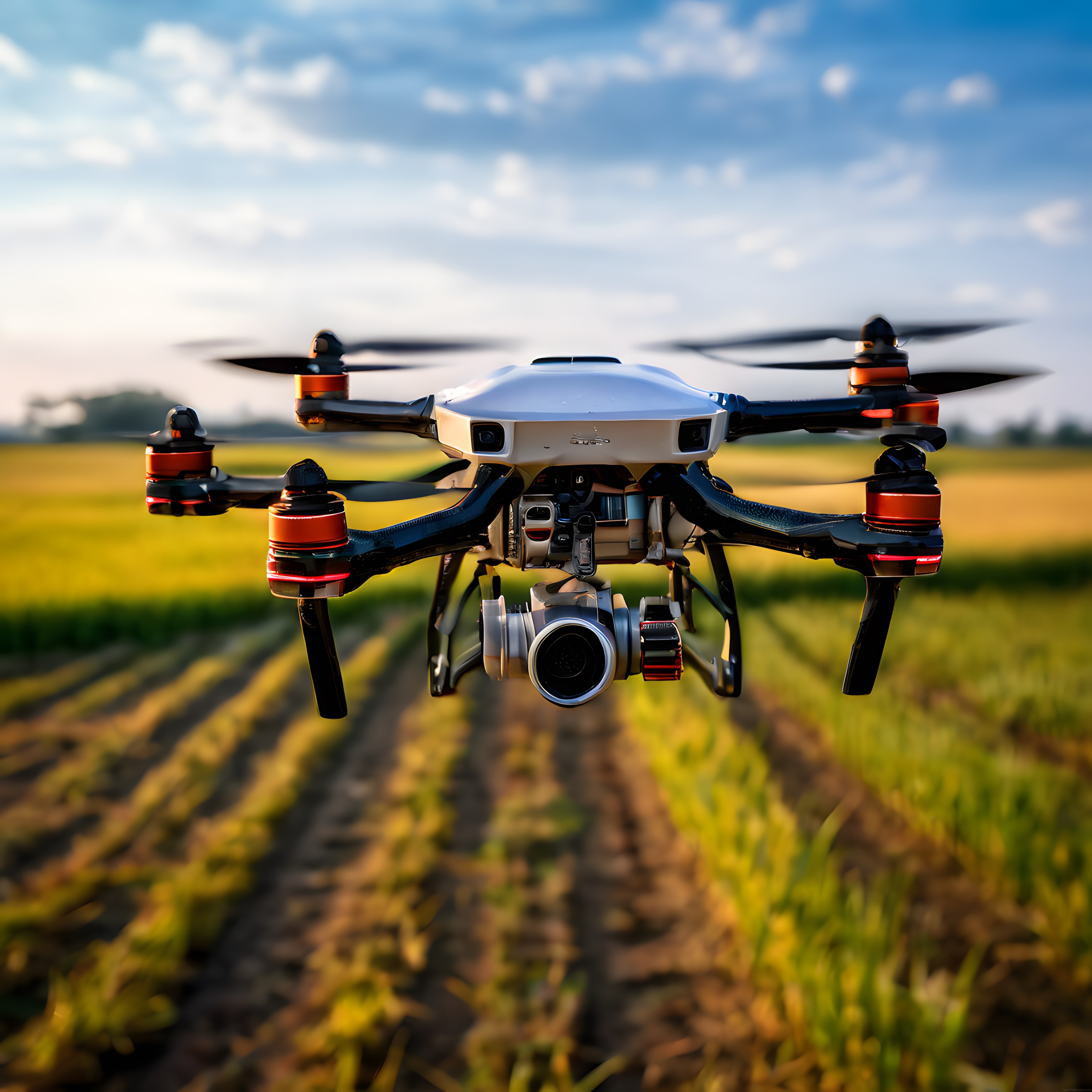 Profesyonel tarım dronunun yeşil tarlalar üzerindeki alçak uçuş görüntüsü