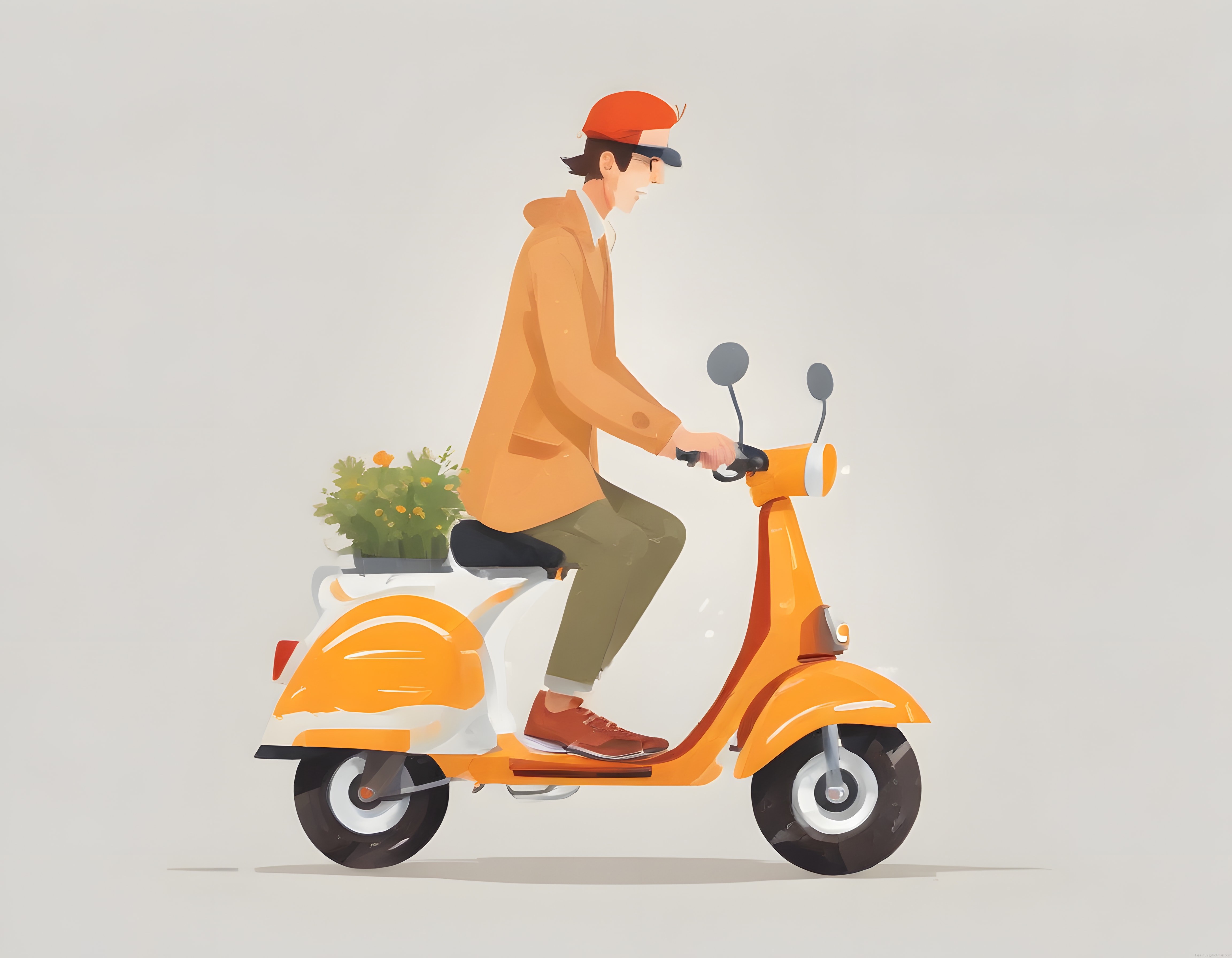 Profil görünümünde turuncu vespa süren stil sahibi genç karakter tasarımı