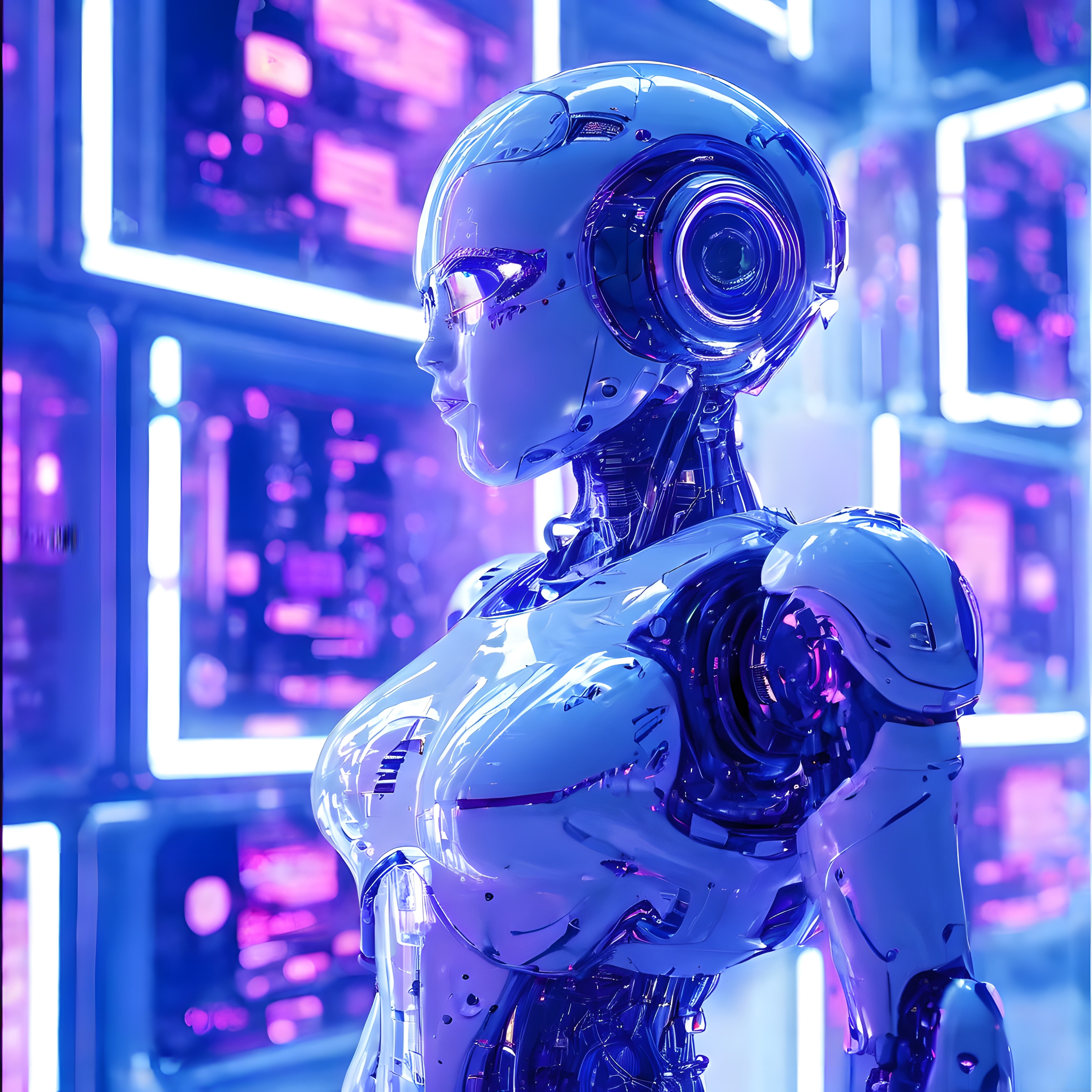 Profilden görünen metalik insansı robot ve neon şehir arka planı
