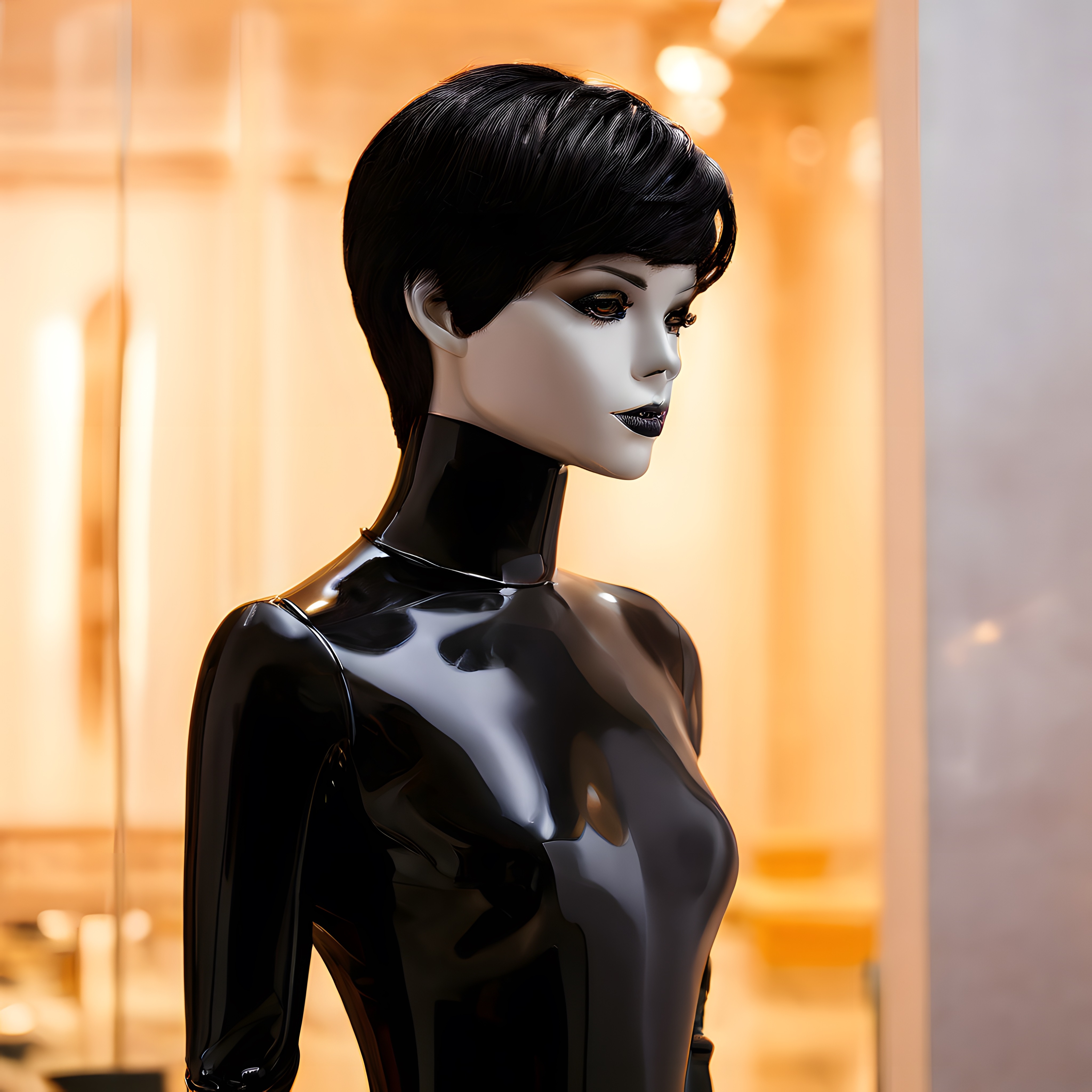 Profilden görünen parlak siyah kaplamalı insansı robot ve lüks arka plan ışığı