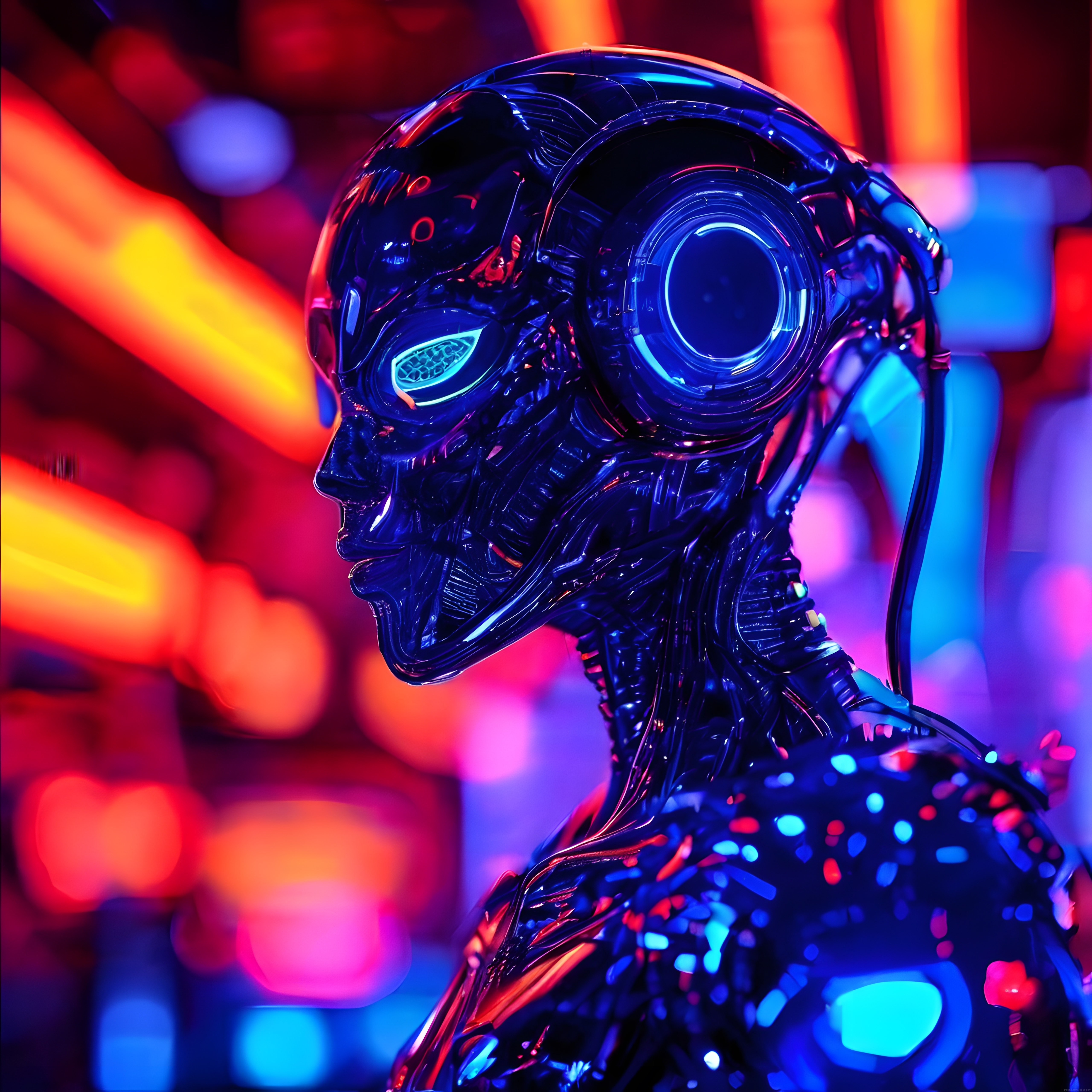 profilden neon ışıklı cyberpunk atmosferde parlak siyah robot başı