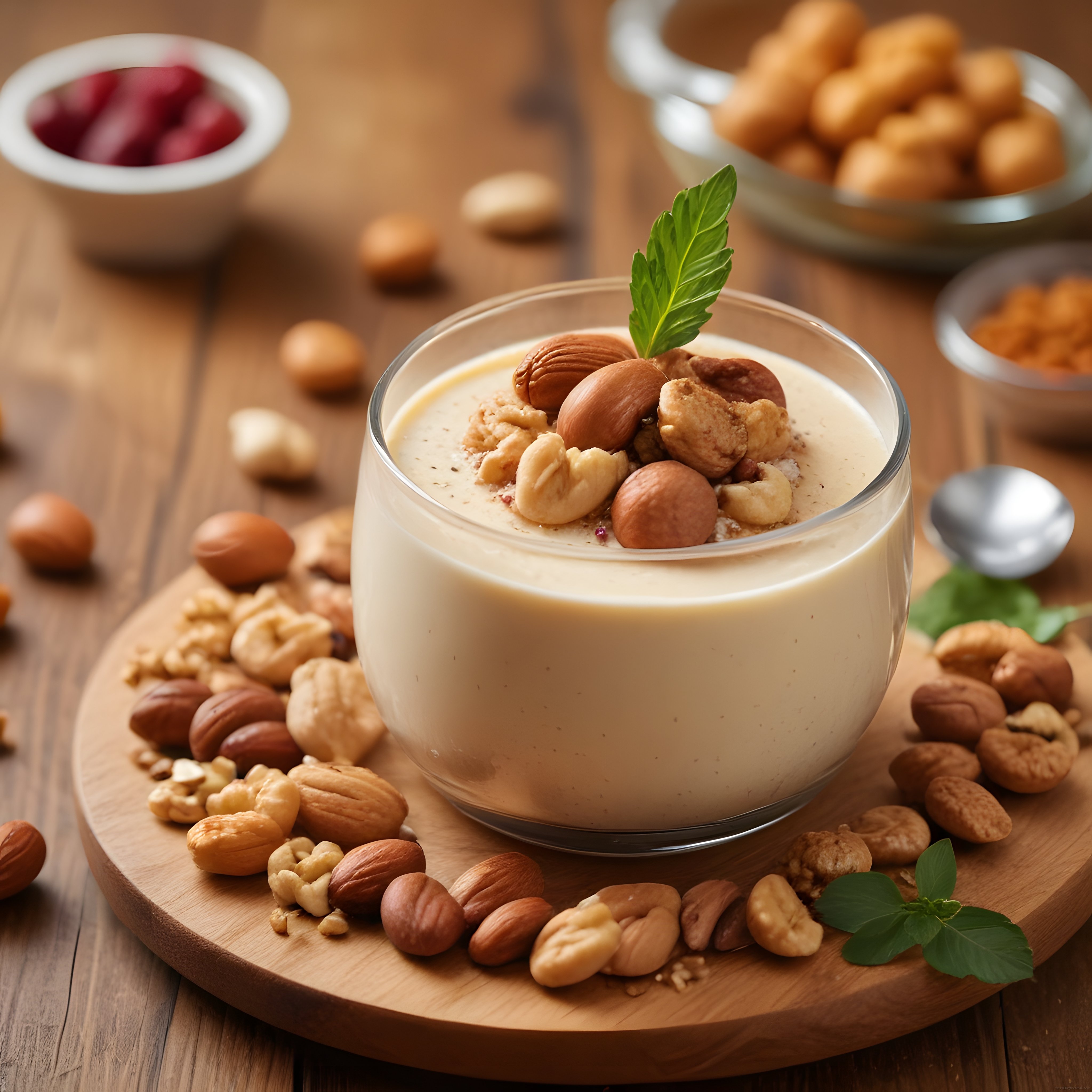 Puding Kıvamında Sütlü Tatlı ve Kuruyemişli Naneli Cam Bardak Sunumu