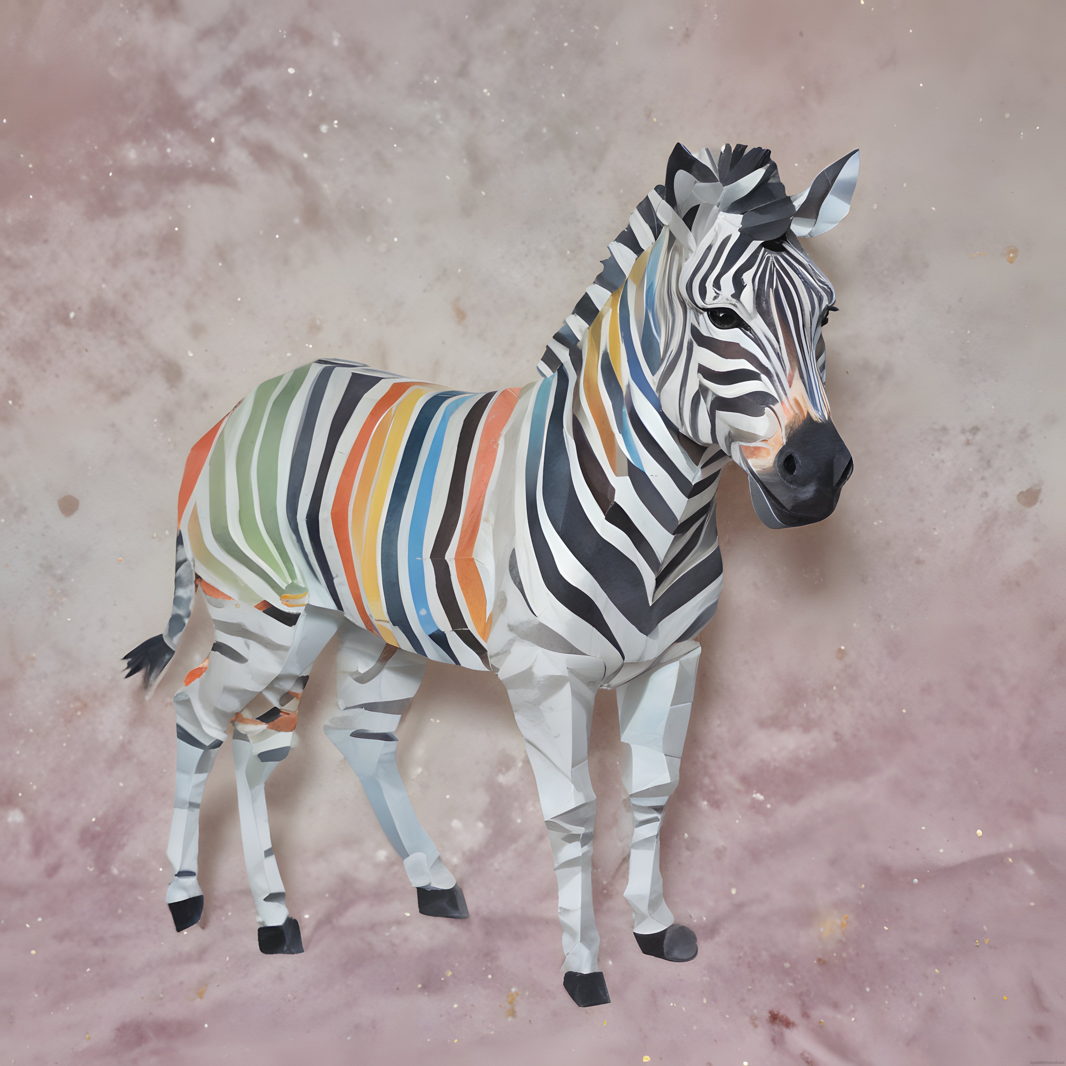 Pudra Arka Planda Renkli Çizgili Kağıt Zebra Heykeli ve Sanatsal Dekorasyon