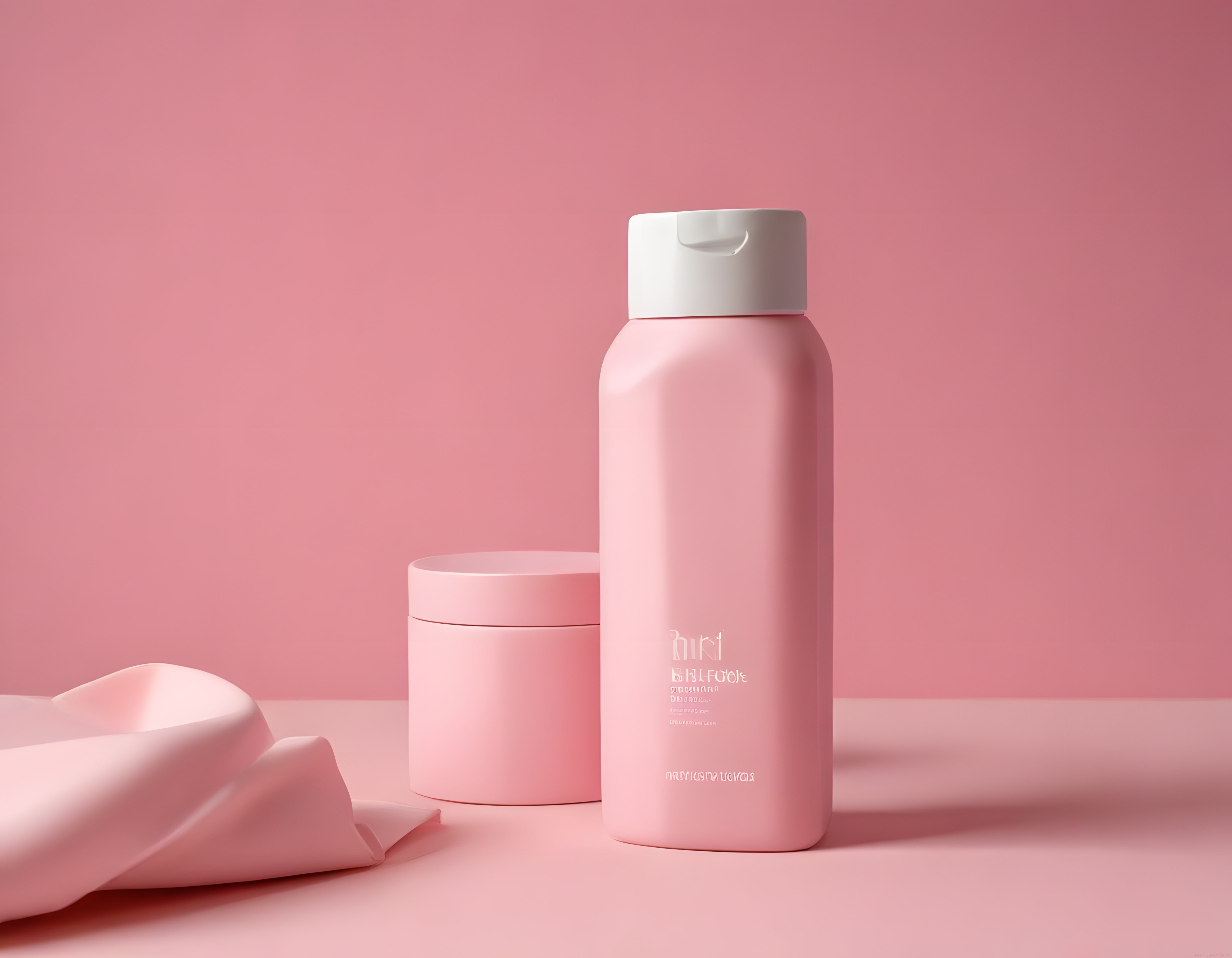 Pudra pembe arka planda minimalist cilt bakım şişesi ve krem kavanozu