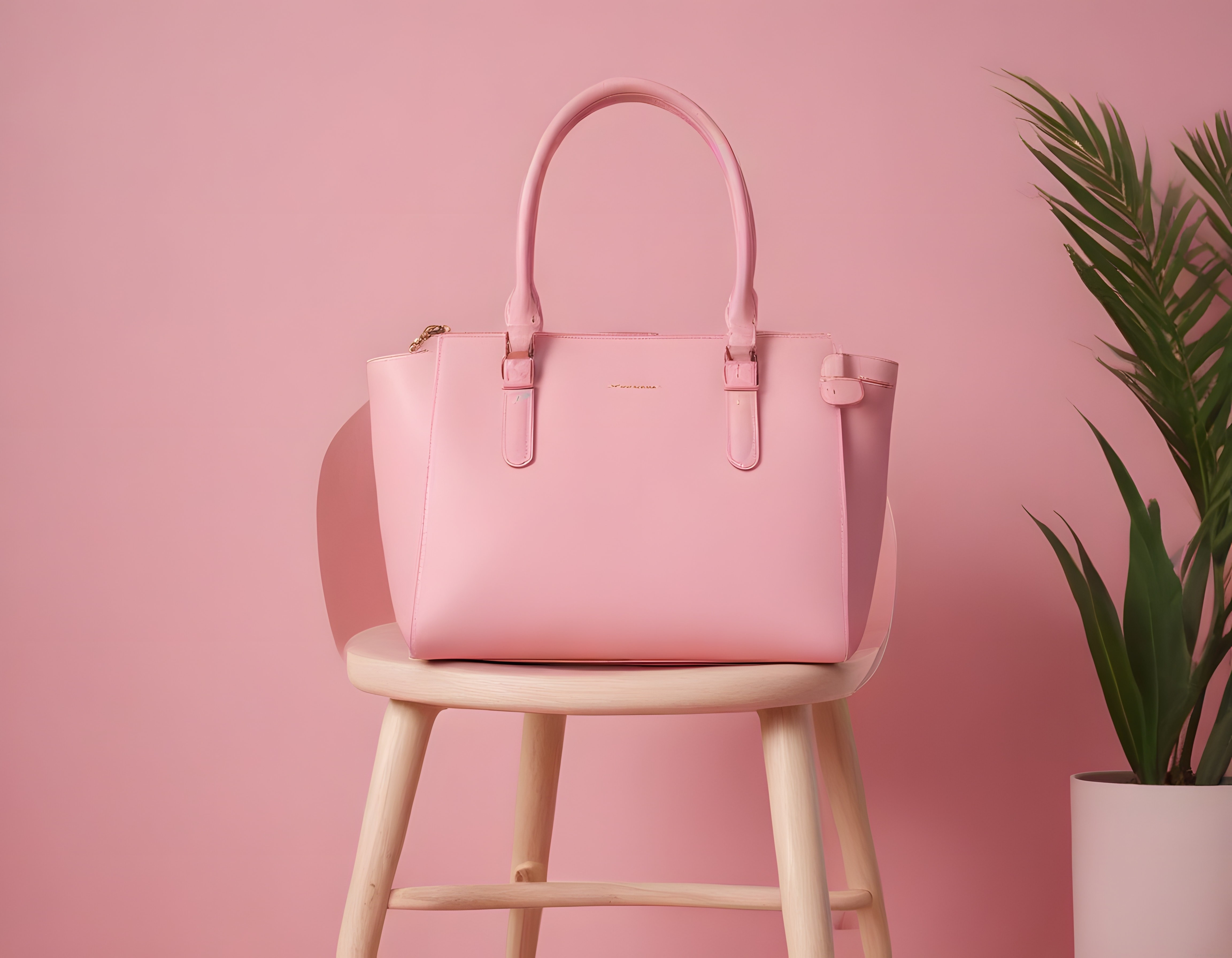 Pudra Pembe Arka Planda Modern Kadın El Çantası ve Dekoratif Bitki
