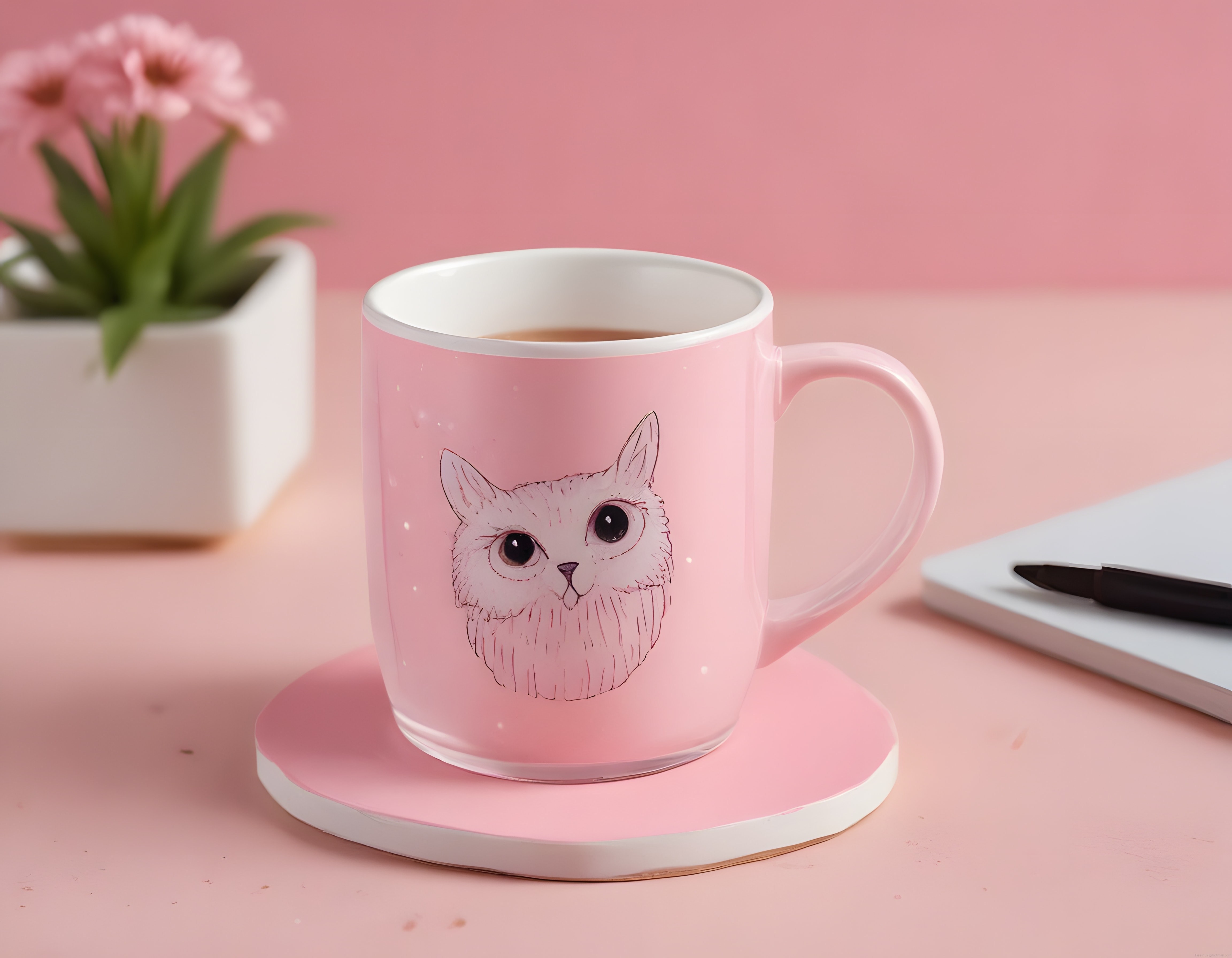 Pudra Pembe Arka Planda Sevimli Kedi Baskılı Seramik Kupa ve Sıcak Kahve Sunumu