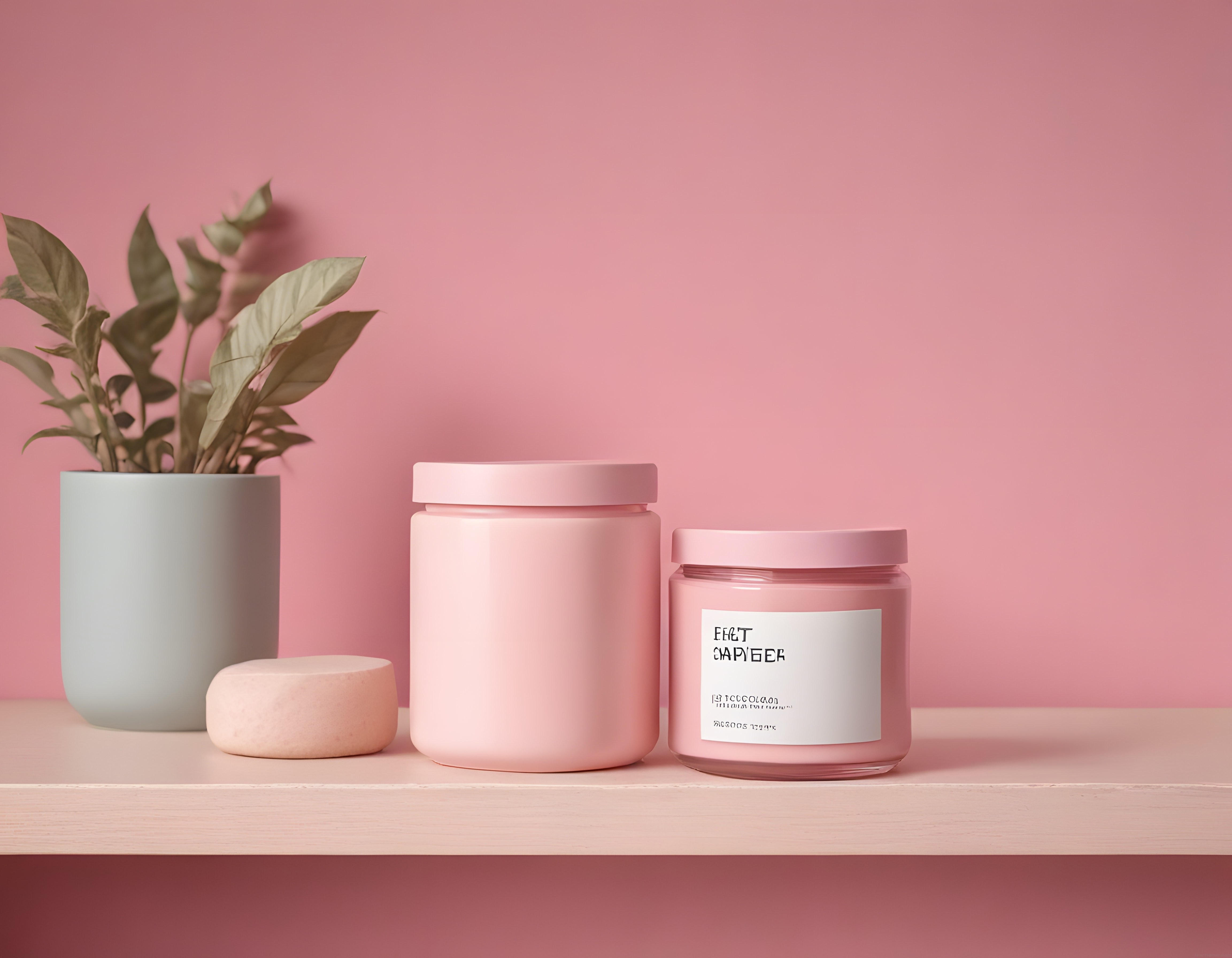 Pudra pembe duvarda ahşap rafta minimalist kozmetik kavanozları ve yeşil bitki