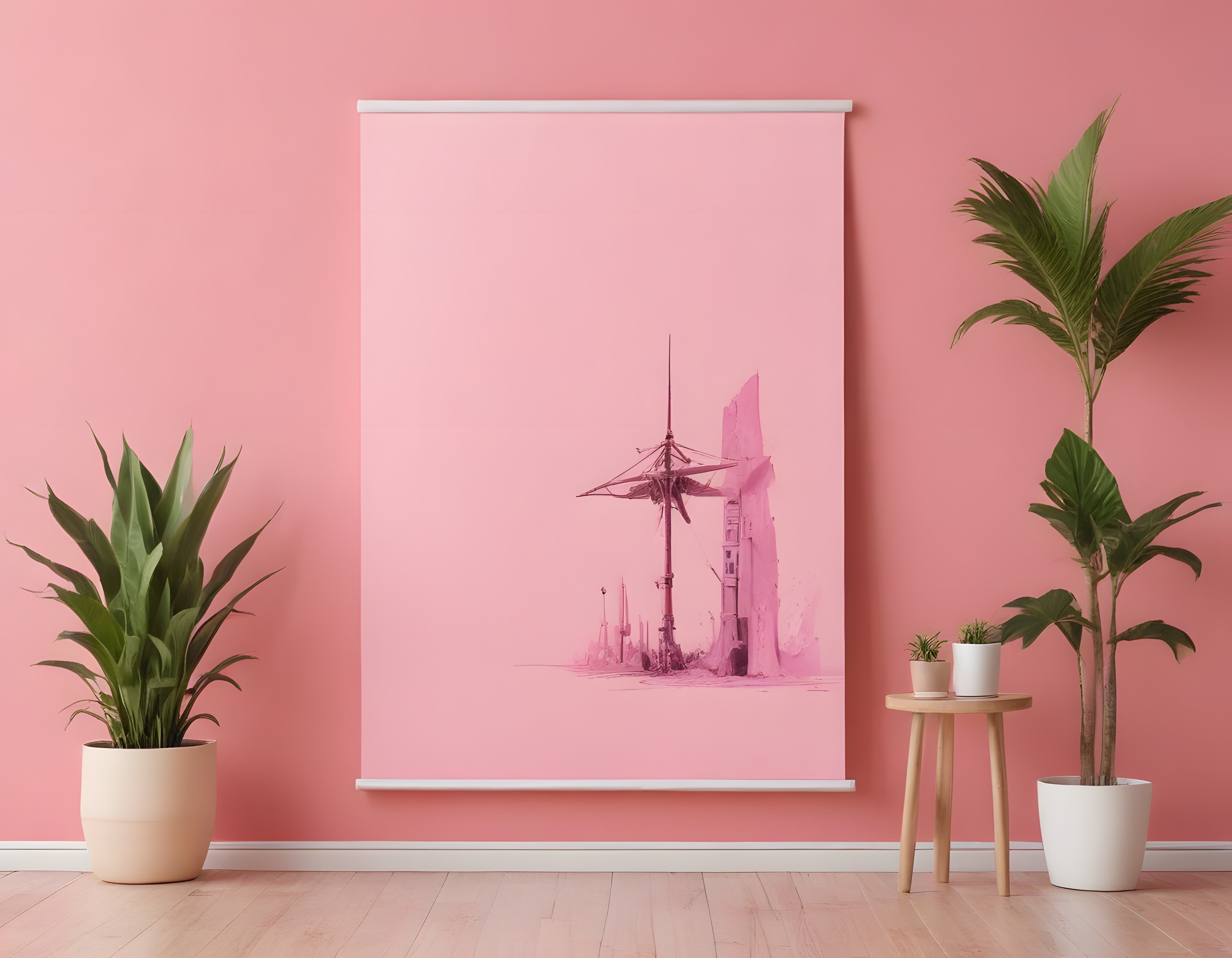 Pudra Pembe Duvarlı Modern Oturma Odası Dekorasyonu ve Salon Posteri
