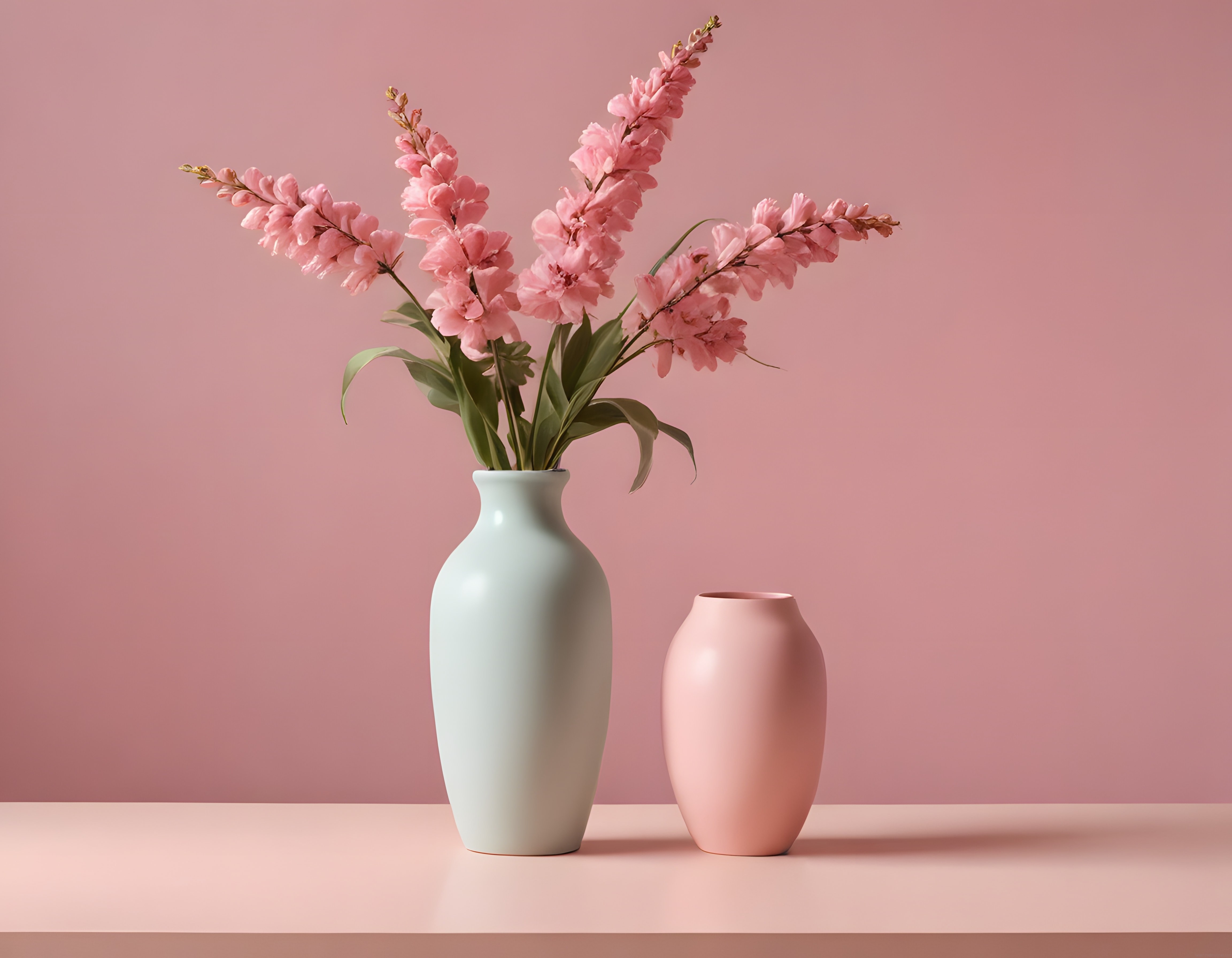 Pudra Pembe Fonunda Minimalist Seramik Vazo ve Çiçek Dekorasyonu