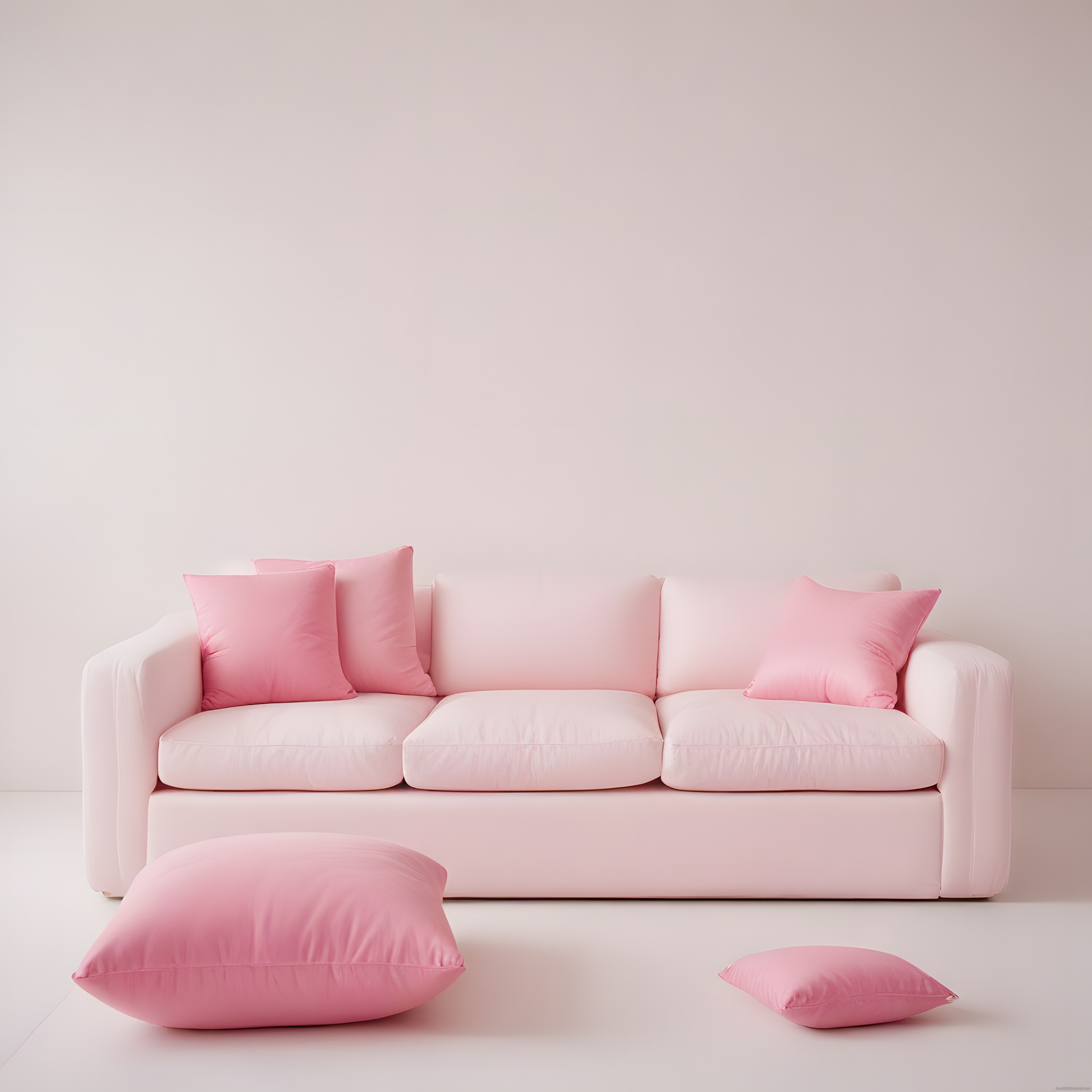 Pudra pembe kanepe ve yastıklarla modern minimalist iç mekan dekorasyonu