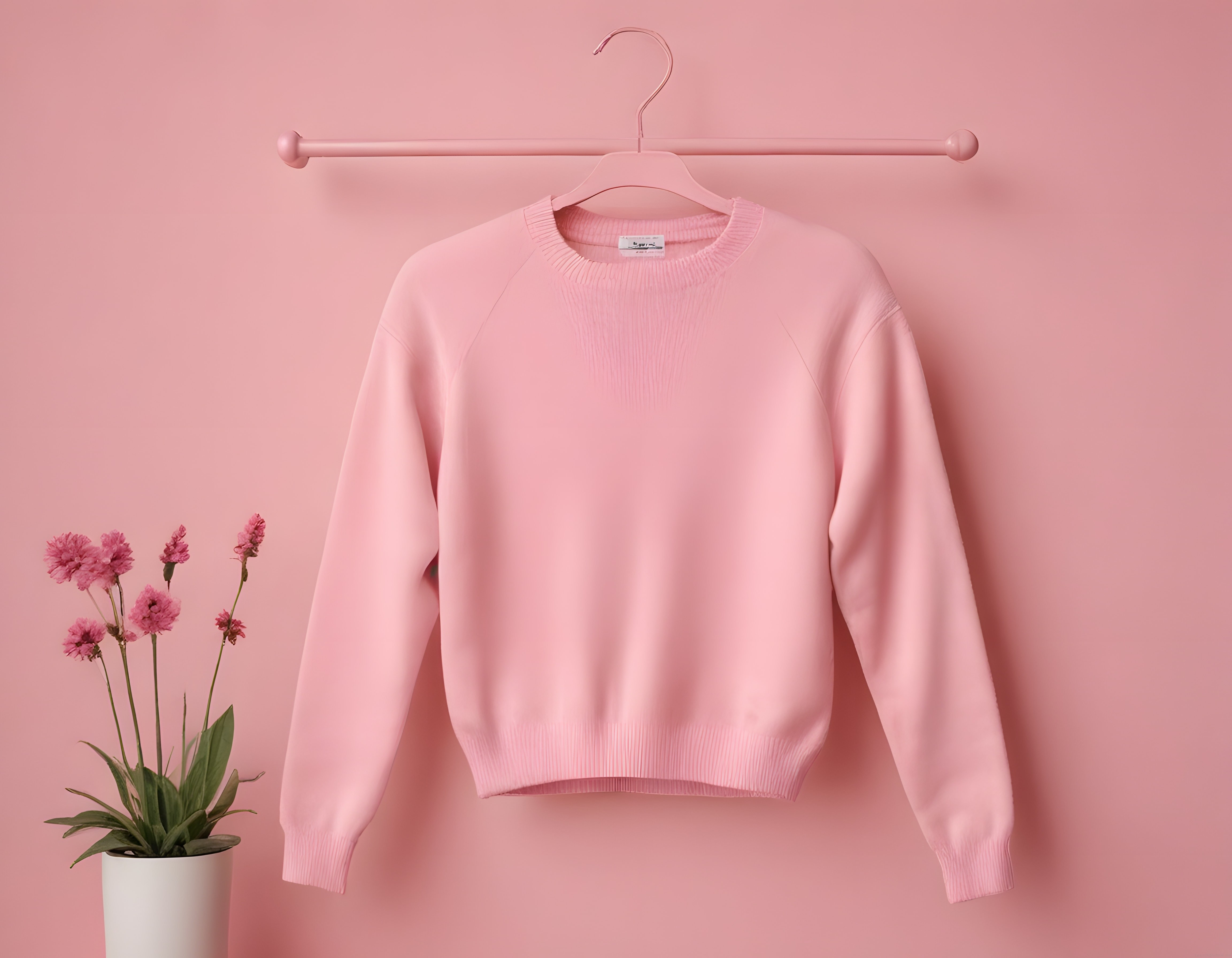 Pudra pembe tonlarında askıda duran oversize kazak ve minimal çiçek detayı