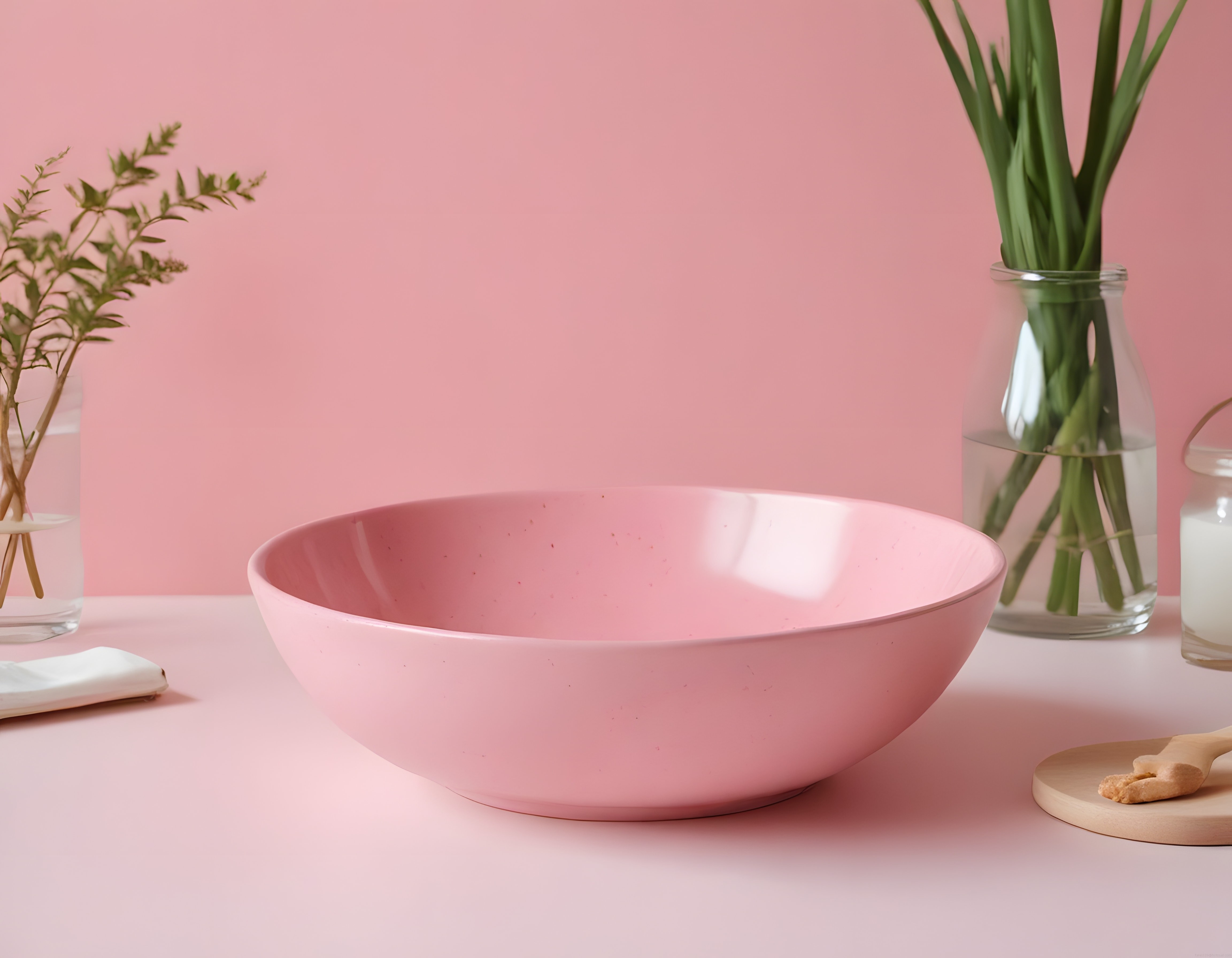 Pudra Pembesi Arka Plan Üzerine Minimalist Seramik Kase ve Ev Dekoru