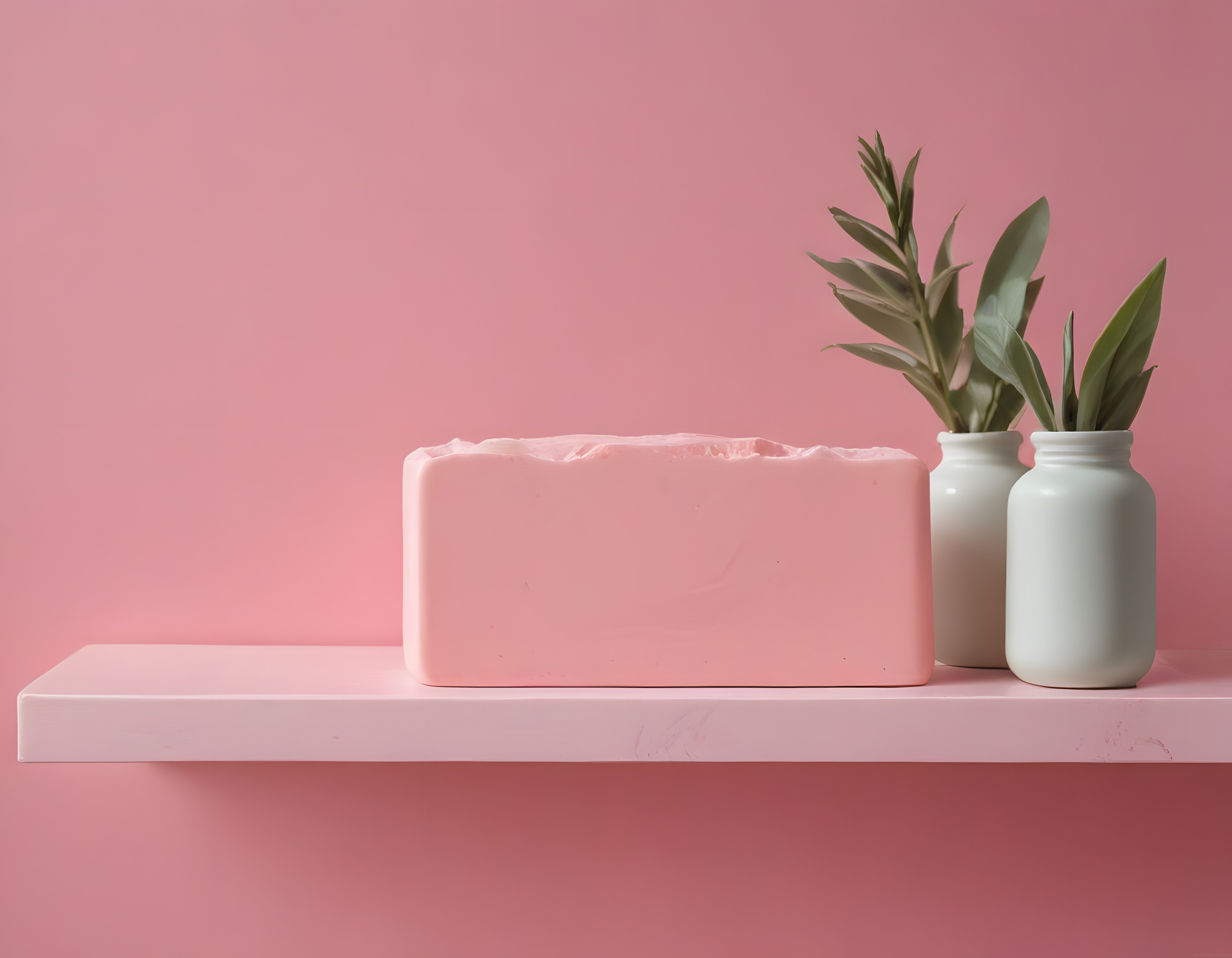 Pudra Pembesi Arka Planda Minimalist Dekor ve Taze Yeşil Bitkiler