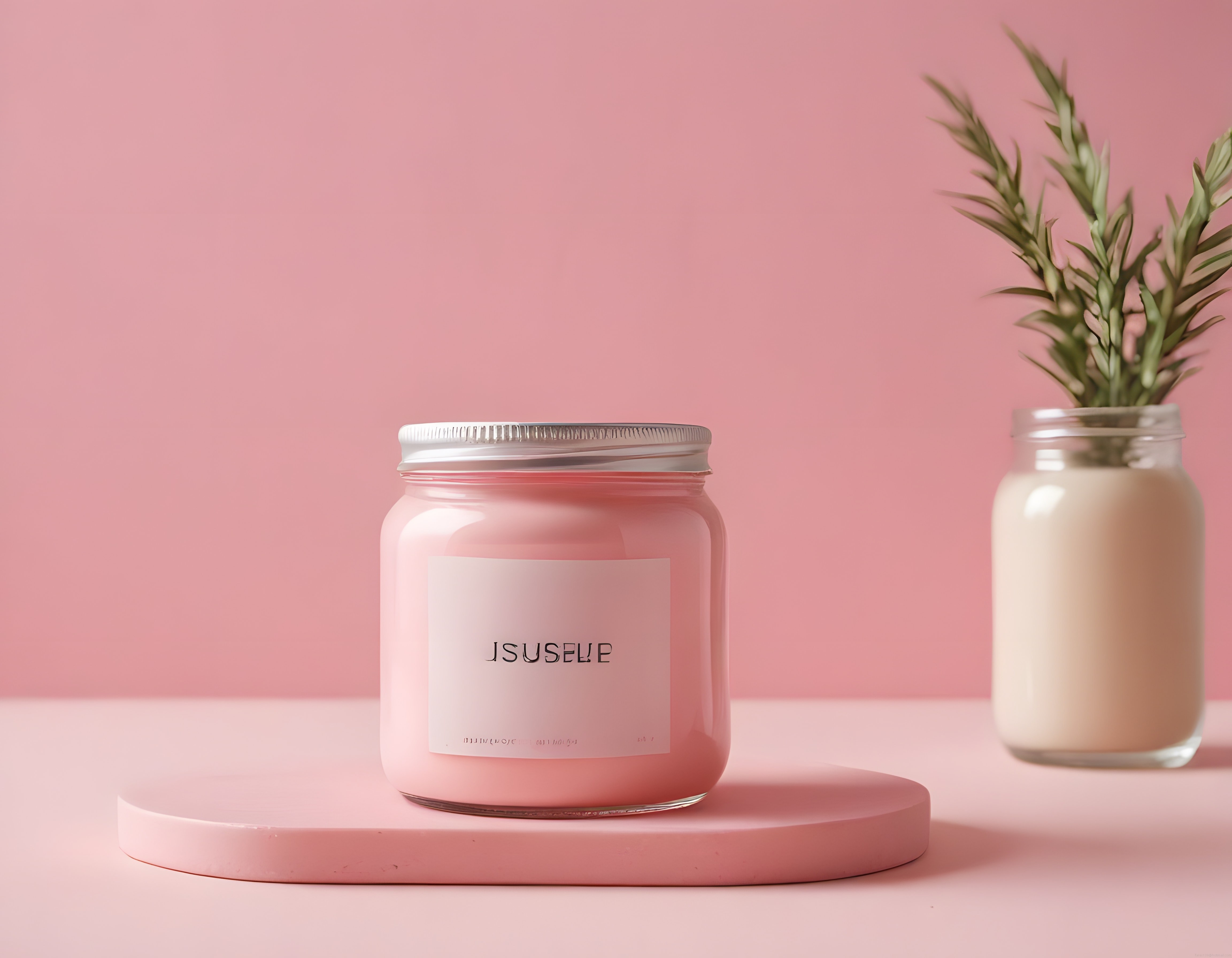 Pudra Pembesi Arka Planda Minimalist Kavanoz ve Yeşil Bitki Dekoru