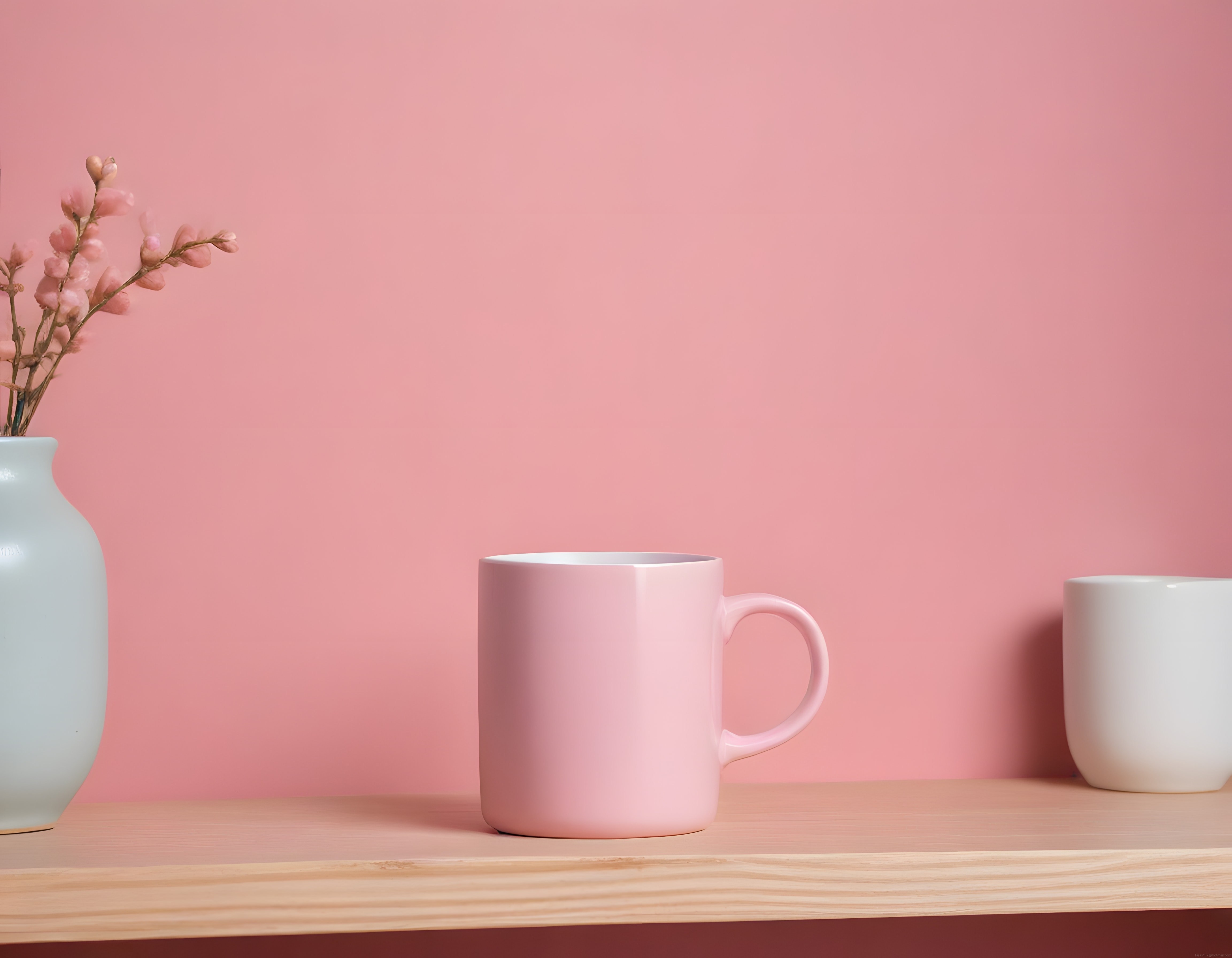 Pudra Pembesi Arka Planda Minimalist Masa Dekoru ve Seramik Kupa