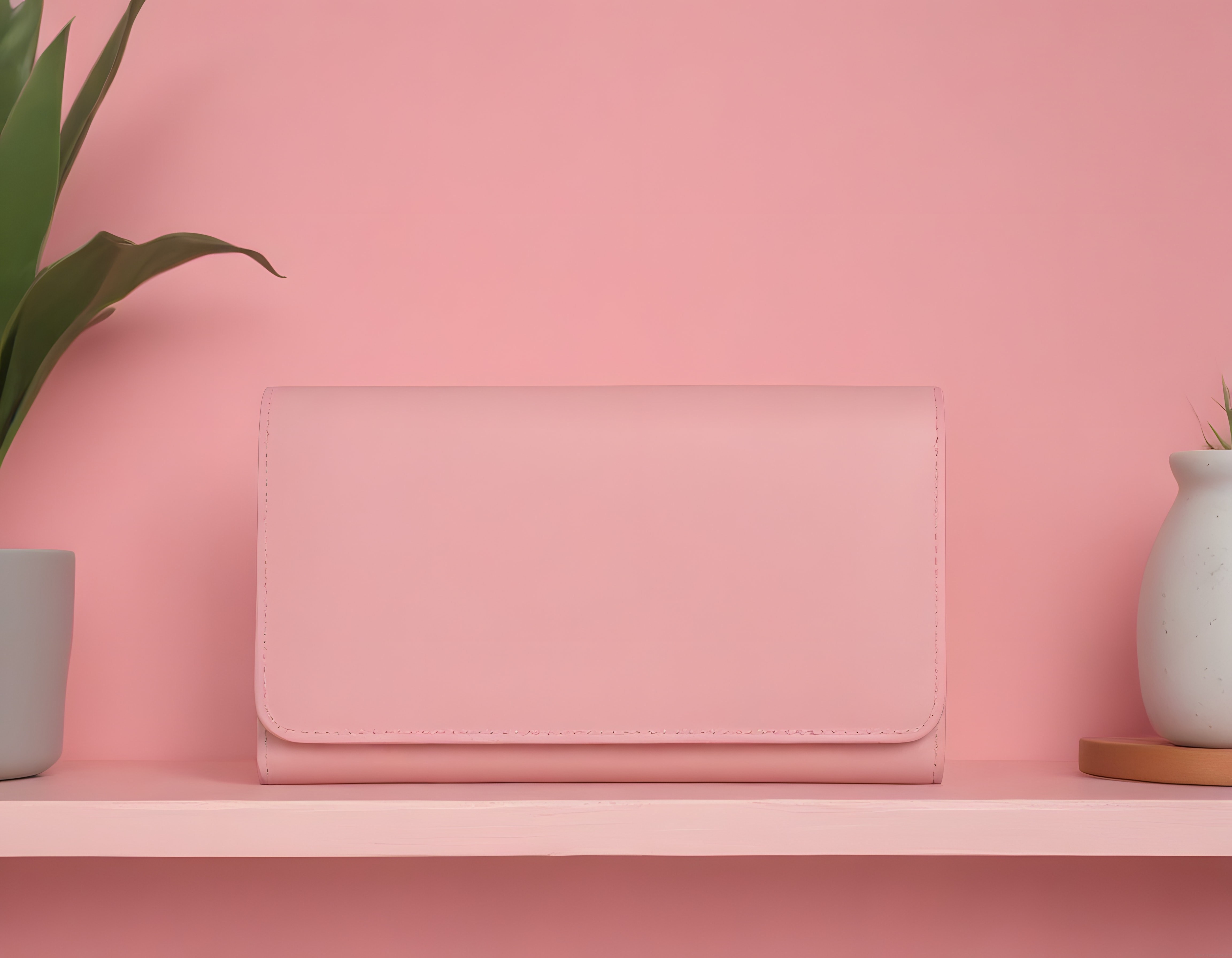 Pudra Pembesi Arka Planda Şık Clutch Çanta ve Dekoratif Bitki Saksıları