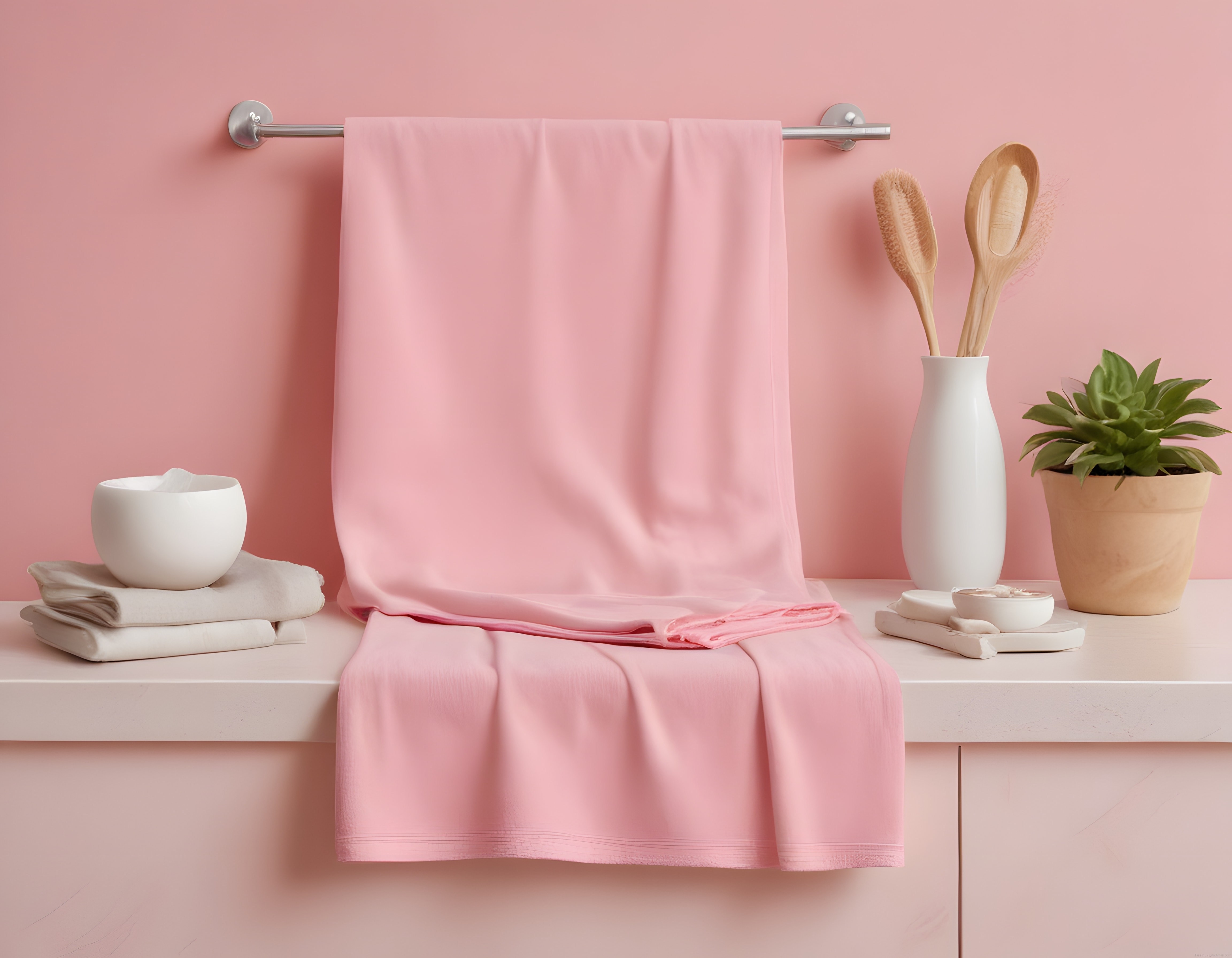 Pudra pembesi banyo konsepti: havlu, doğal banyo fırçaları ve modern aksesuarlar