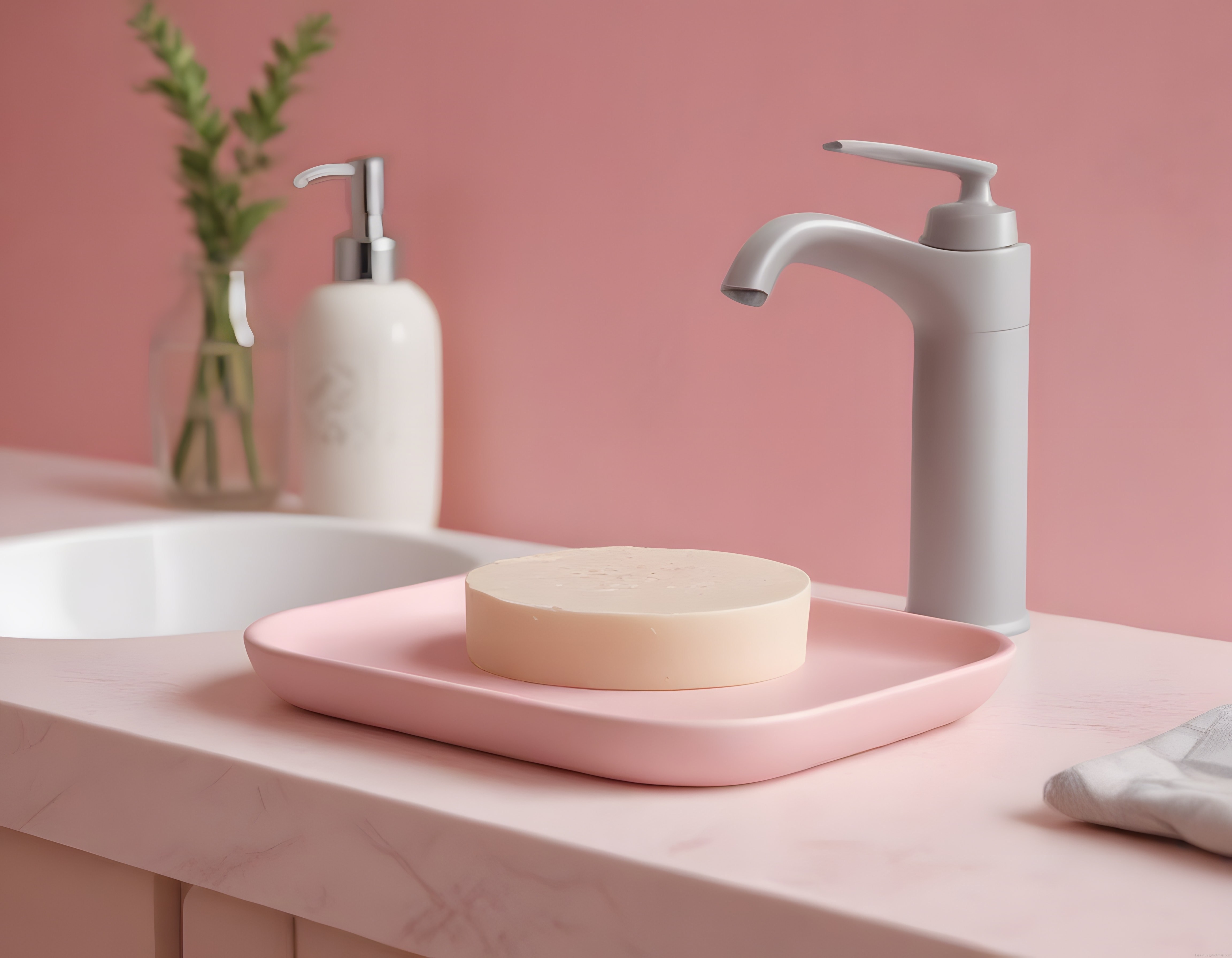Pudra Pembesi Banyo Tezgahında Doğal Sabun ve Modern Gri Musluk
