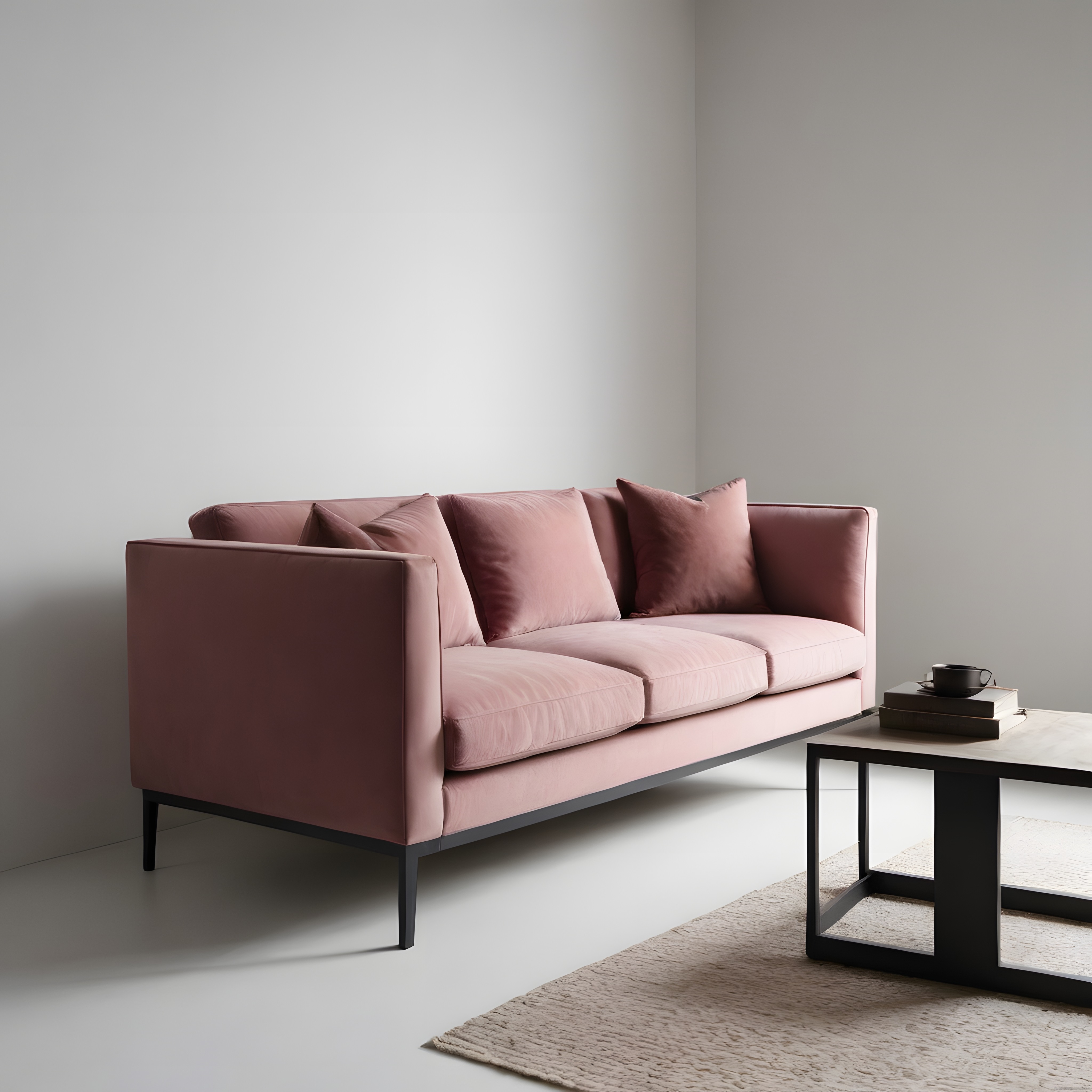 pudra pembesi kadife kanepe ile modern minimalist oturma odası dekoru