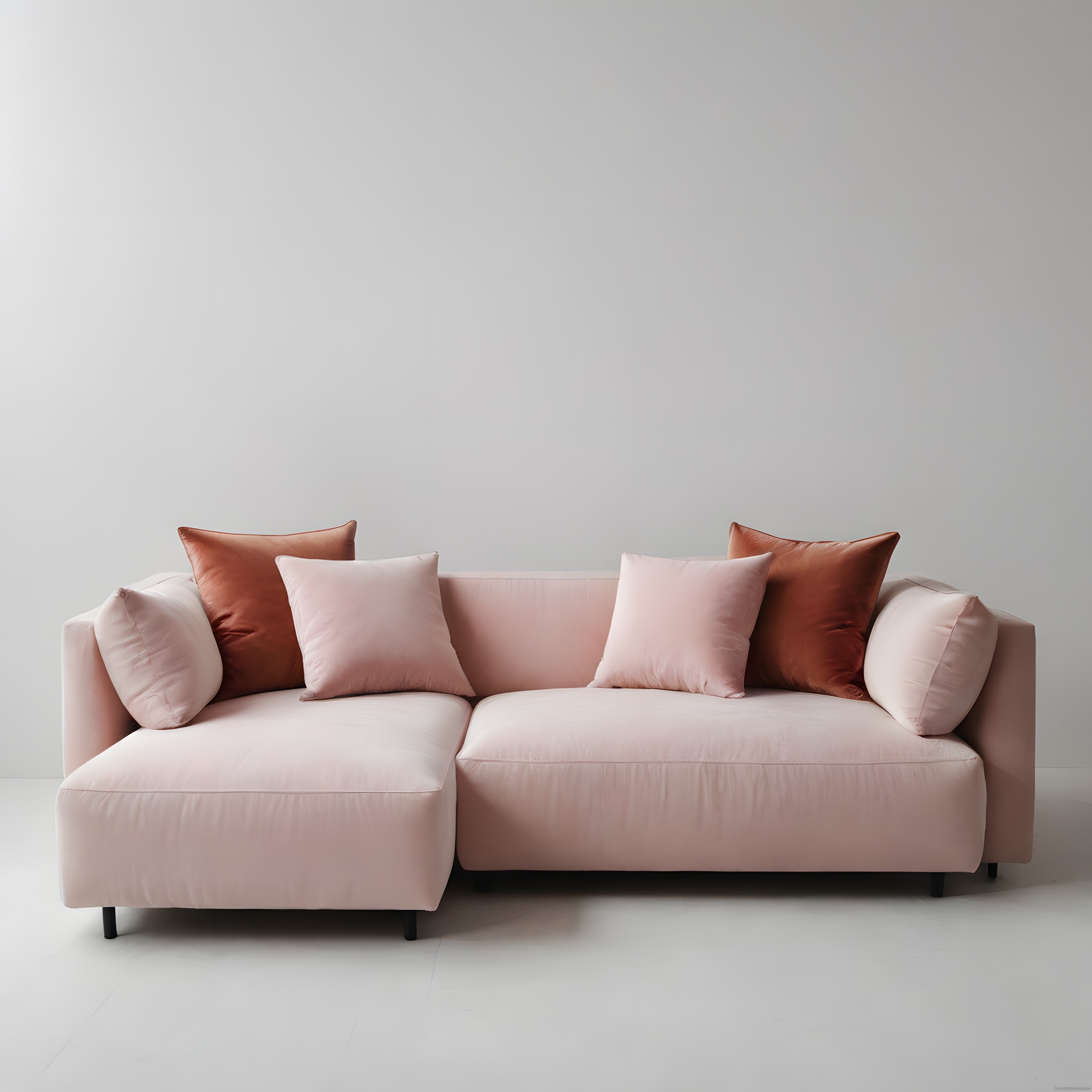 Pudra Pembesi Modern Köşe Koltuk ve Terrakotta Yastıklarla Minimal Salon Dekoru