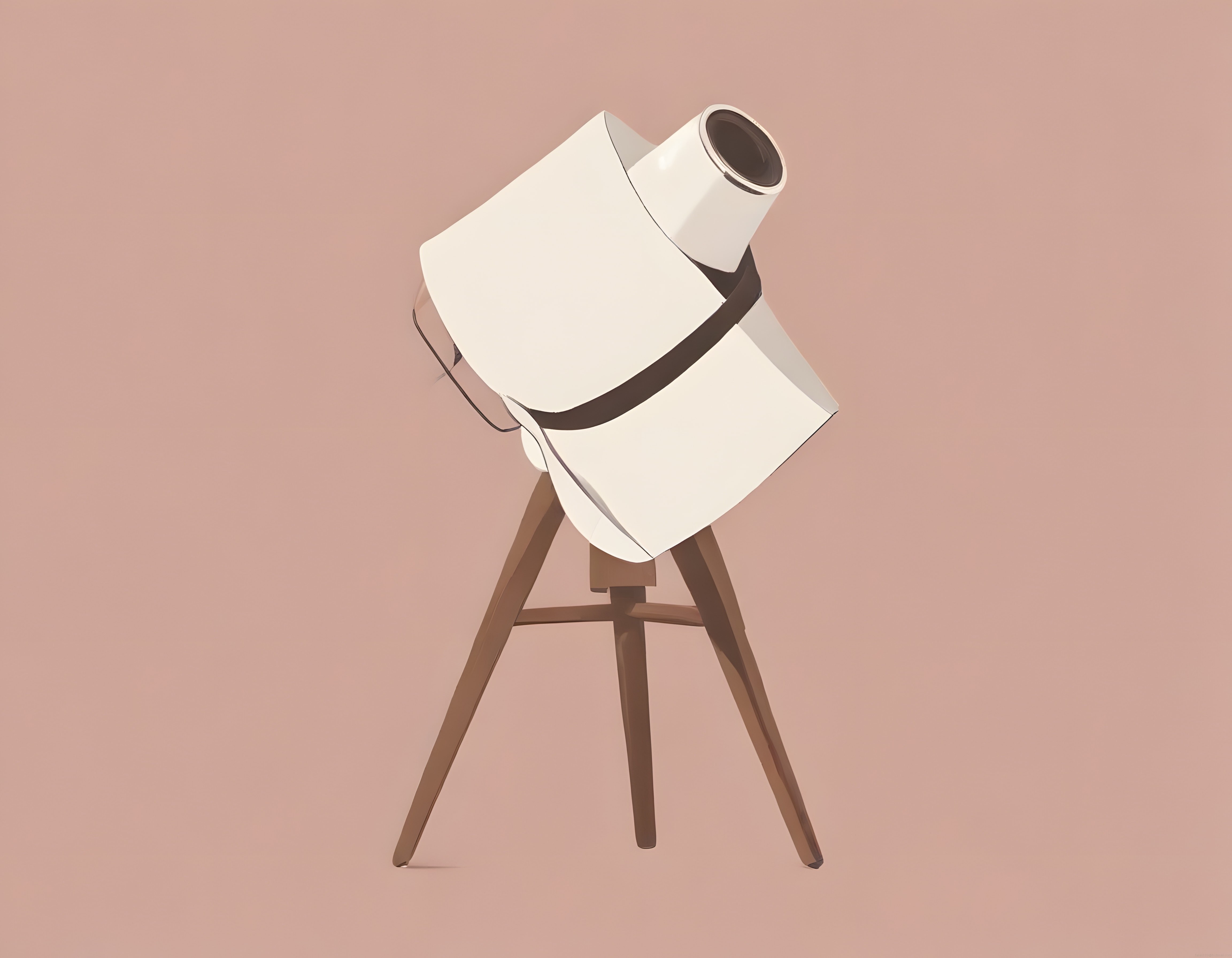 Pudra Rengi Arka Planda Ahşap Tripod Üzerinde Beyaz Minimalist Heykel